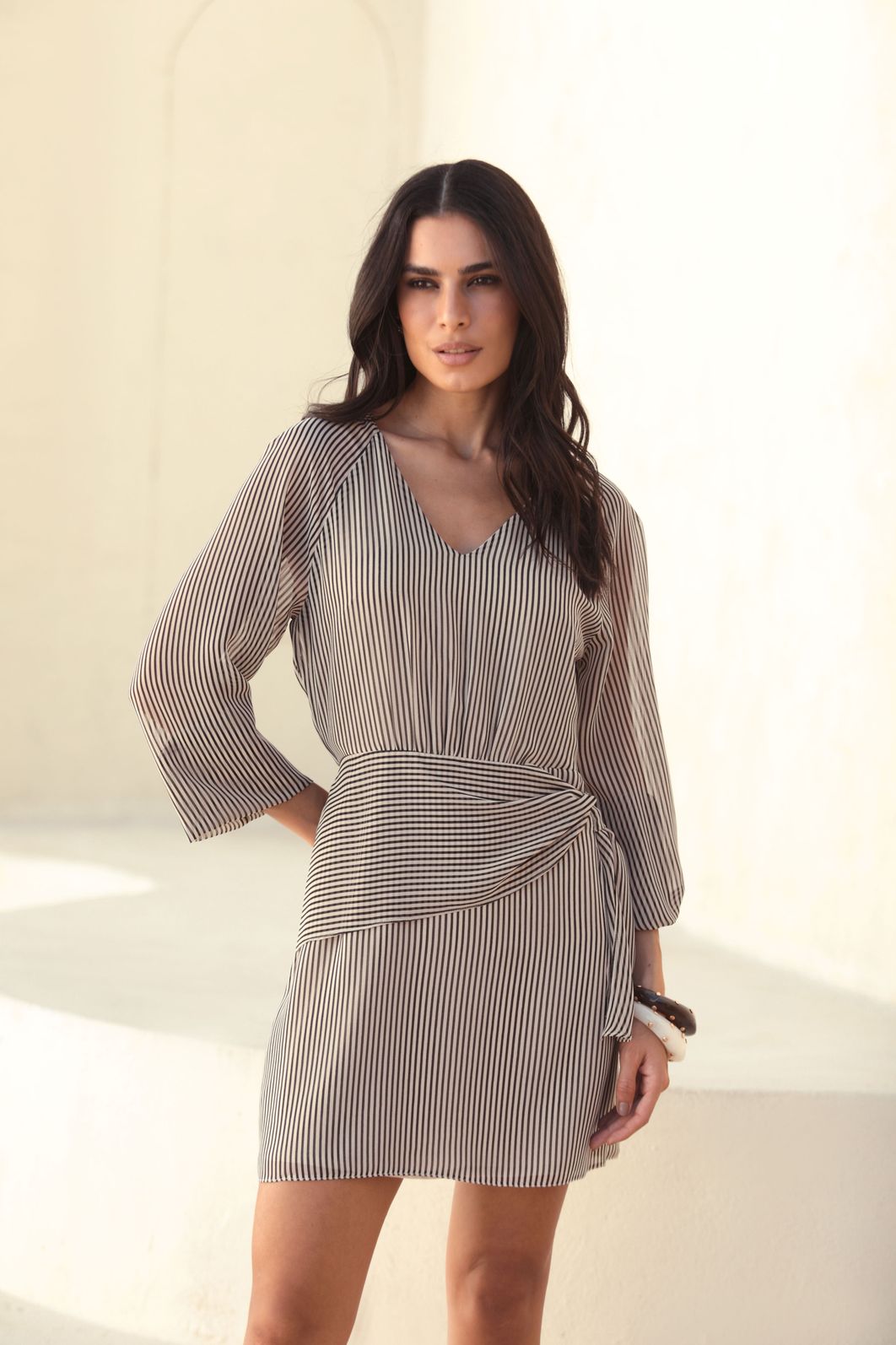Vestido Listrado Curto Raglan Chiffon - Donna Ritz Vestido Listrado Curto Raglan Chiffon - Donna Ritz