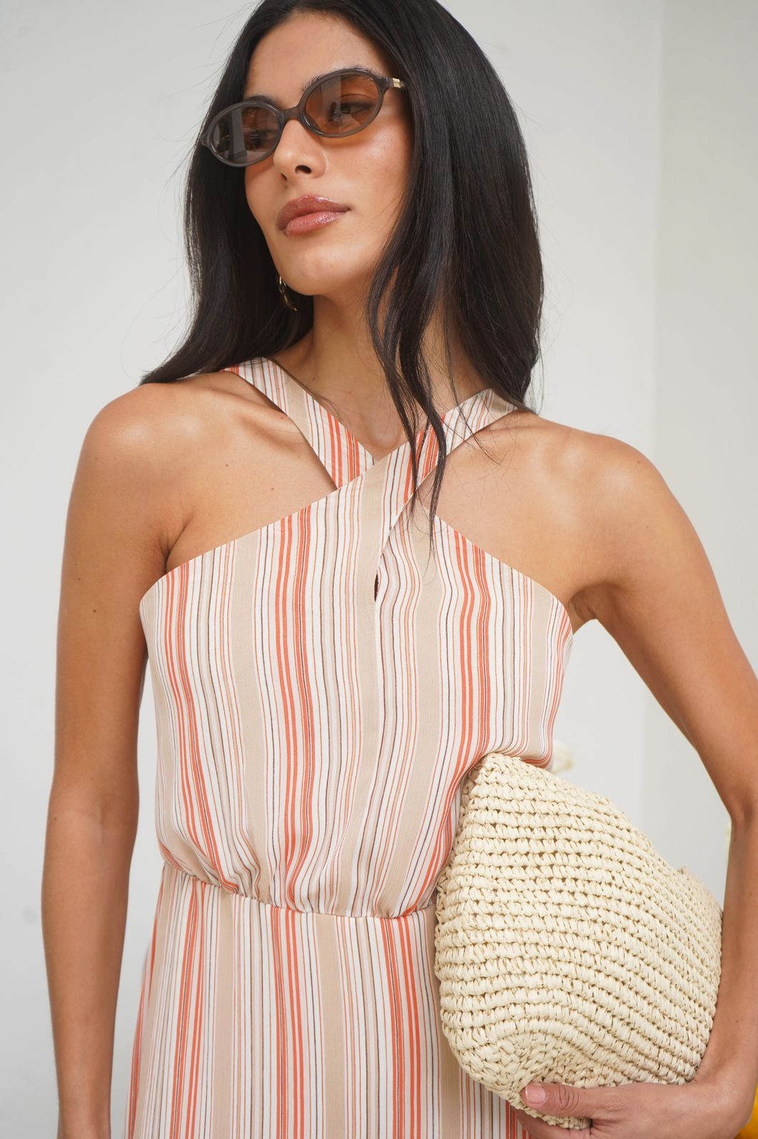 Vestido Longo Listrado Decote Cruzado - Donna Ritz