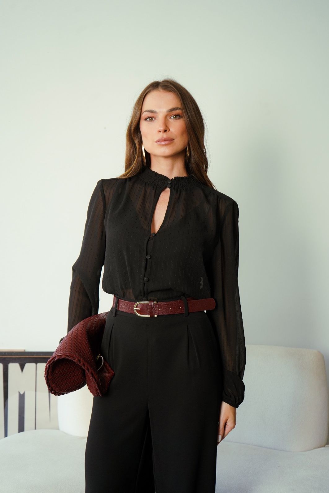 Blusa Gola Lastex Chiffon Listras - Donna Ritz