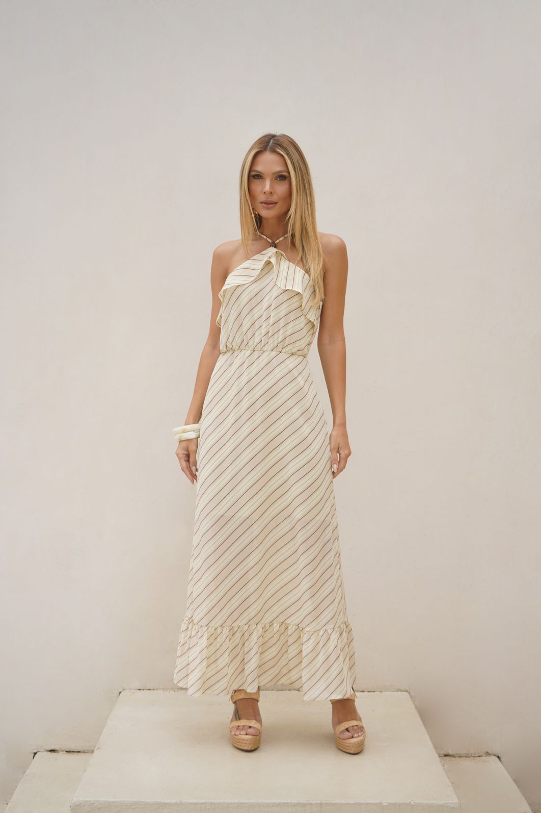 Vestido Longo Listrado Babados - Donna Ritz
