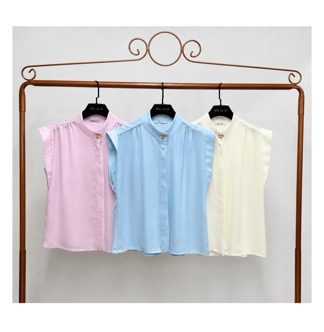 Camisa de Crepe com Gola Alta e Botão Orgânico - Milalai Camisa de Crepe com Gola Alta e Botão Orgânico - Milalai