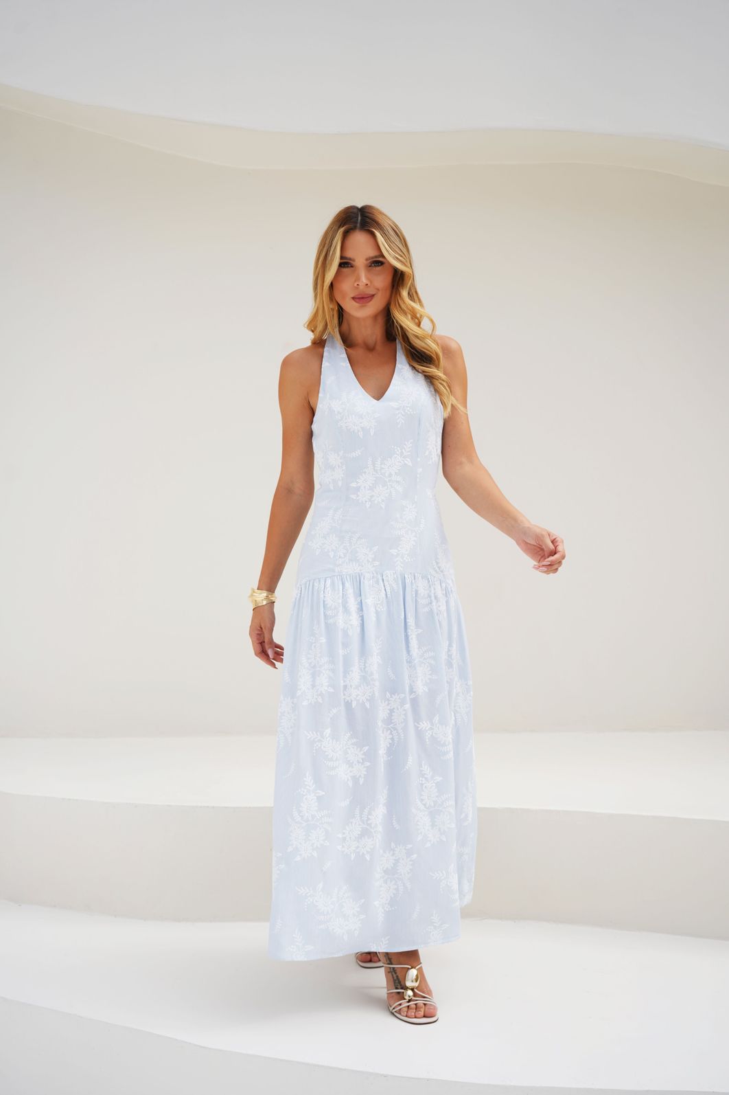 Vestido Longo Listrado Floral - Donna Ritz Vestido Longo Listrado Floral - Donna Ritz