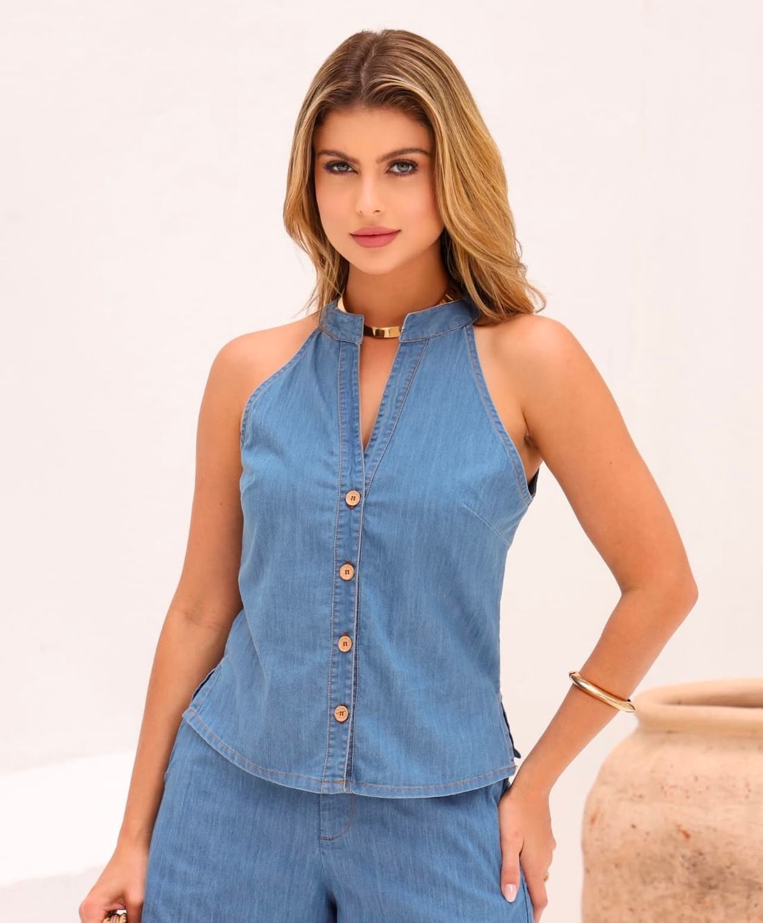 Blusa Cavada Jeans Botões Blusa Cavada Jeans Botões