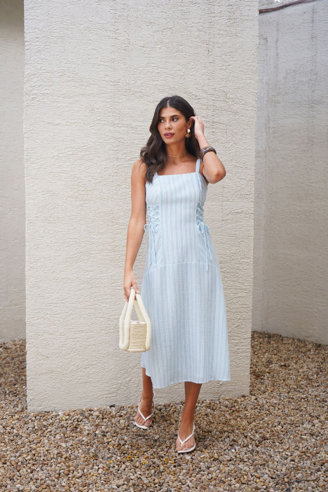 Vestido Midi Rolête Linen Listrado - Donna Ritz