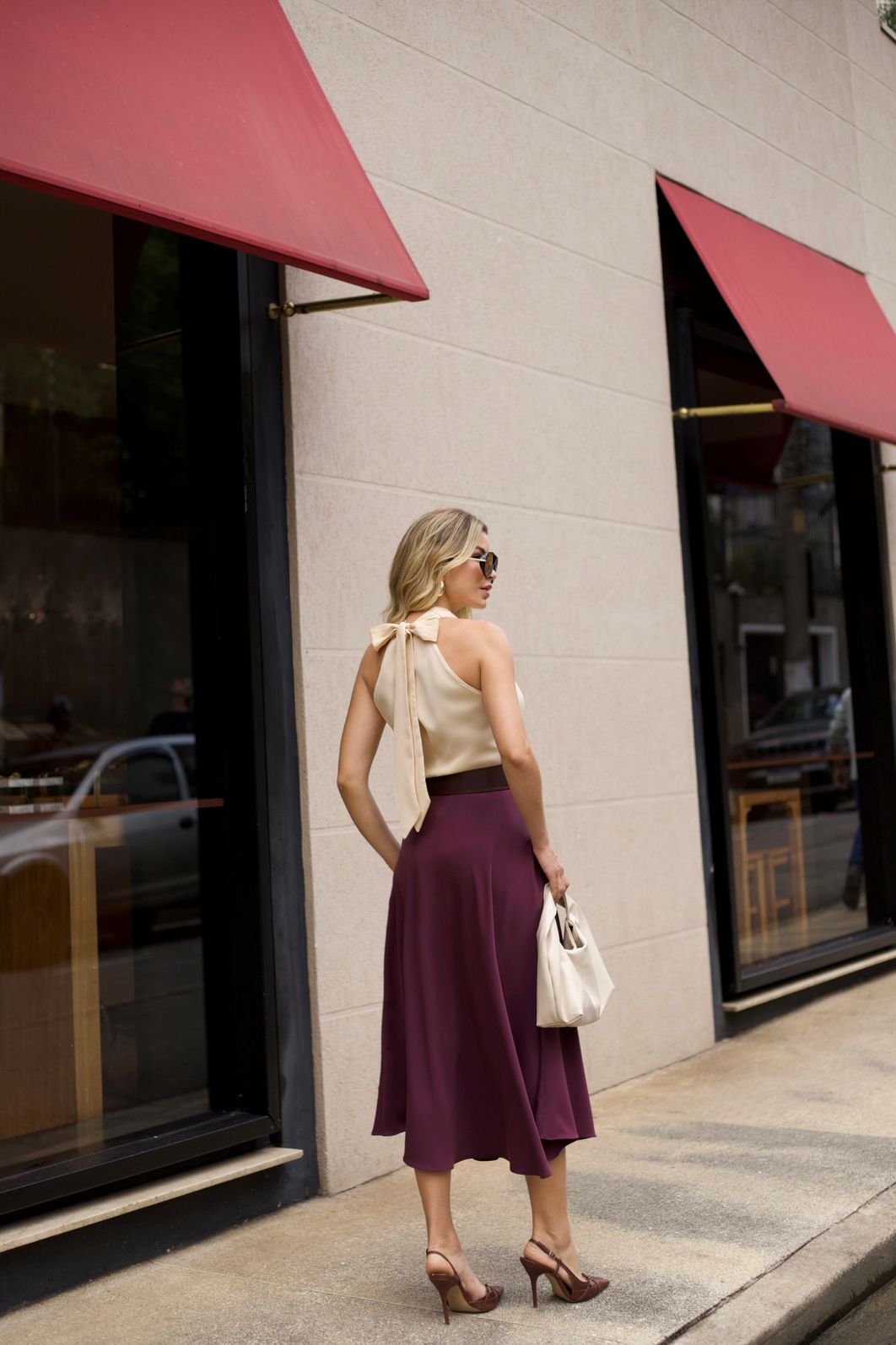 Saia Viés Cinto Fivela Dourada Acetinada - Doce Flor