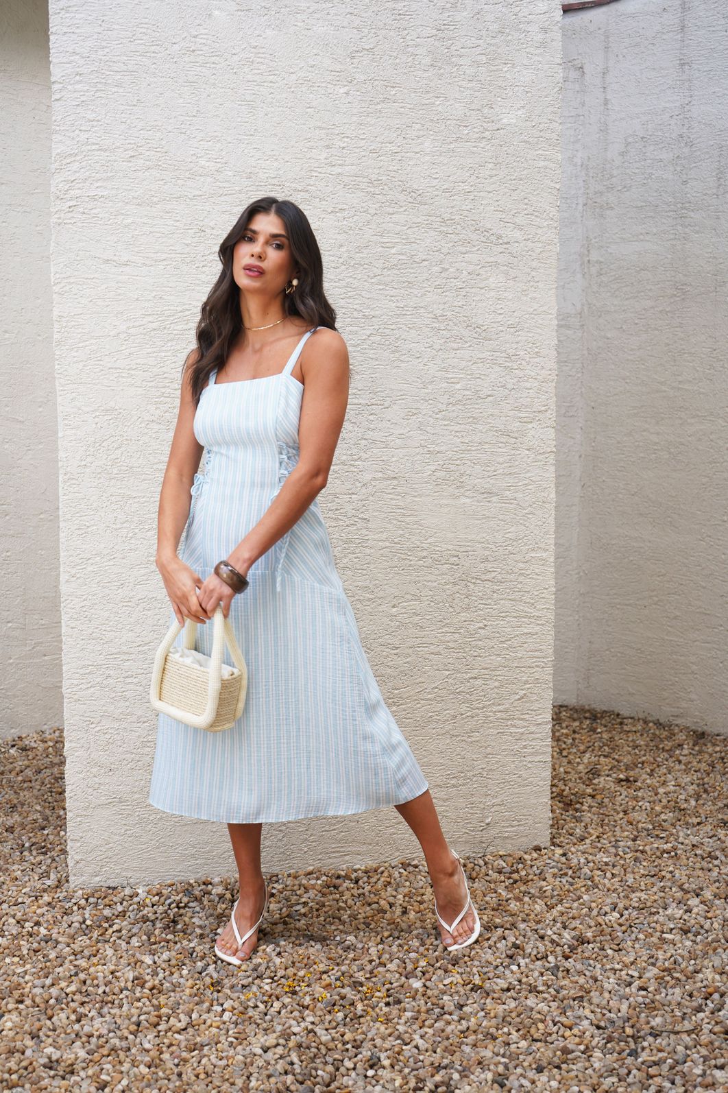 Vestido Midi Rolête Linen Listrado - Donna Ritz