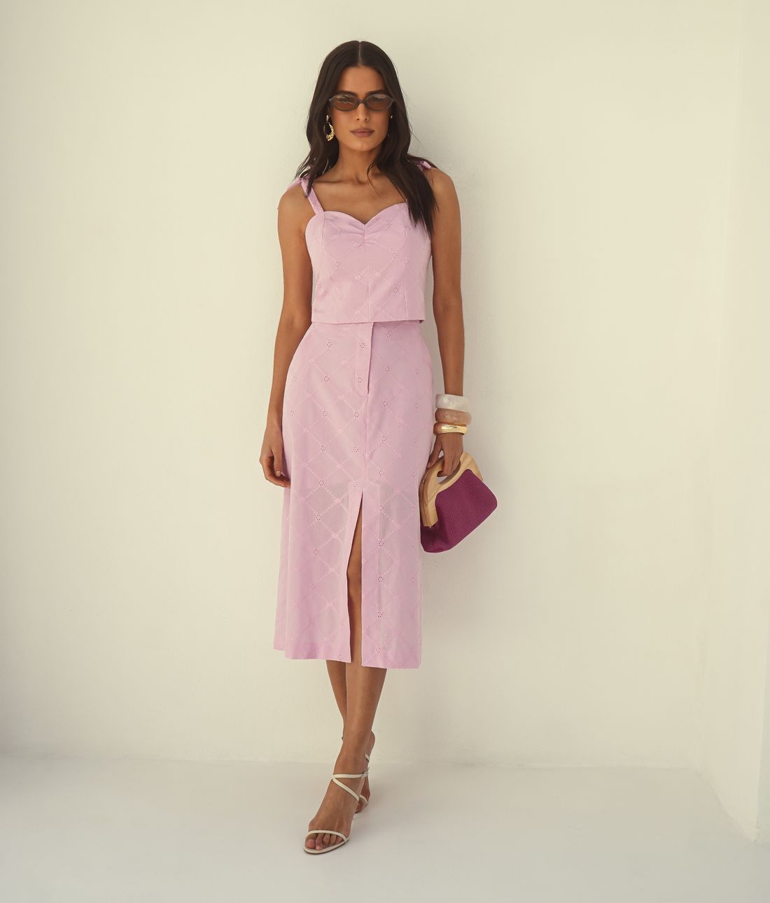 Saia Midi Bordado Fenda - Donna Ritz