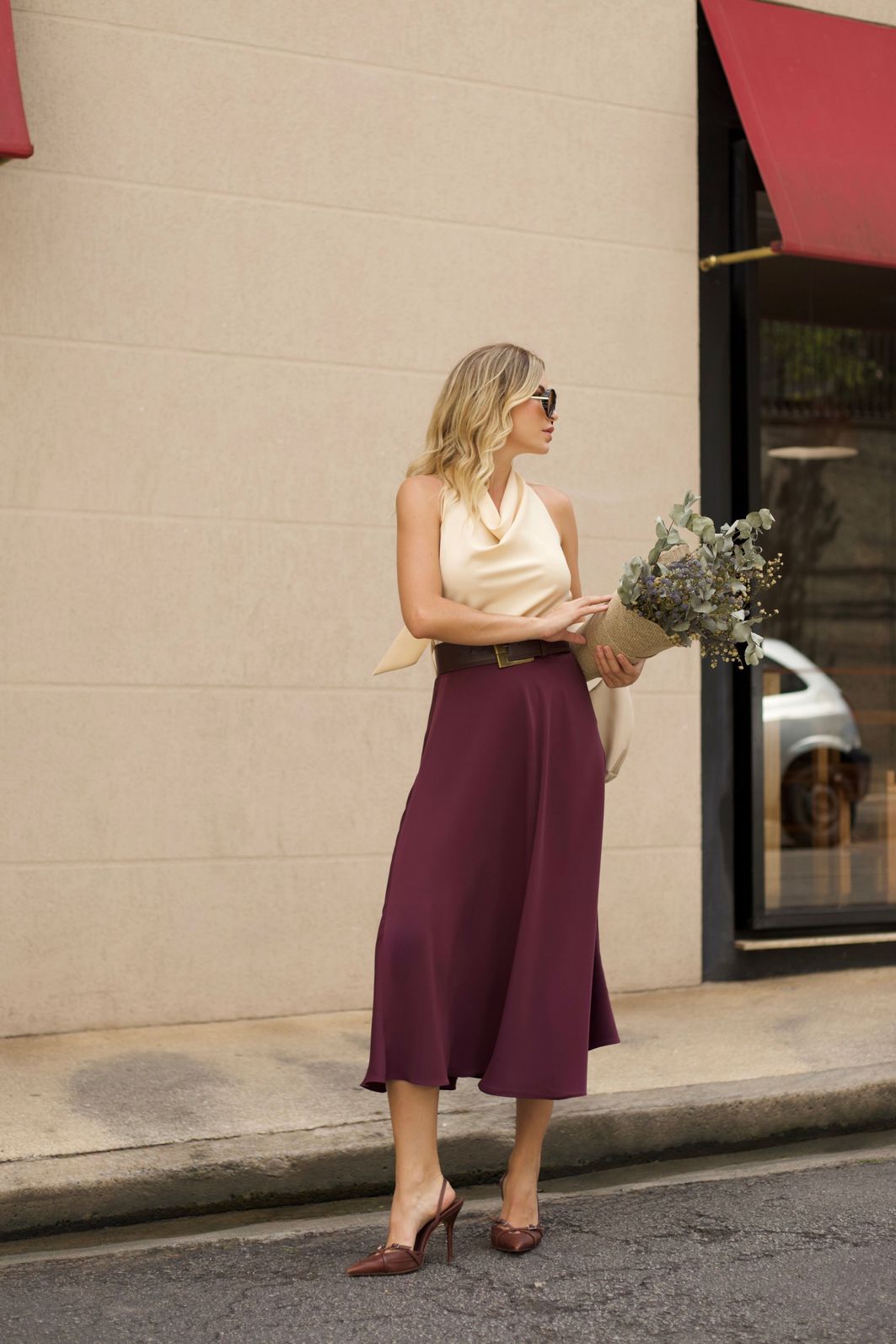 Saia Viés Cinto Fivela Dourada Acetinada - Doce Flor