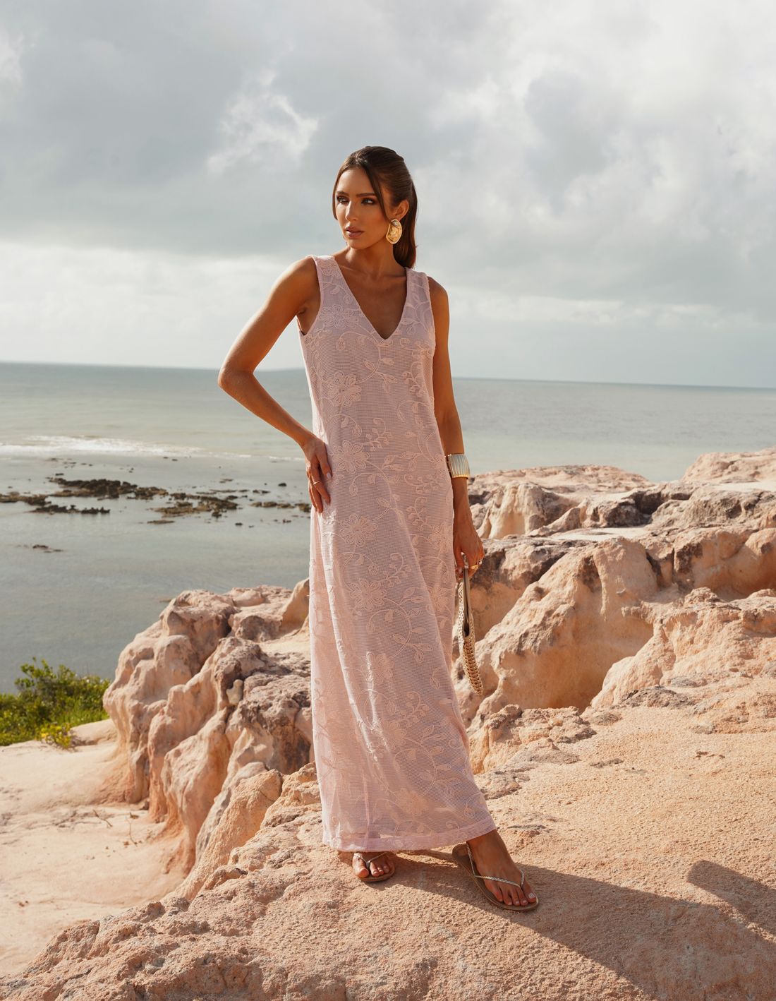 Vestido Longo Tela Bordado - Doce Flor