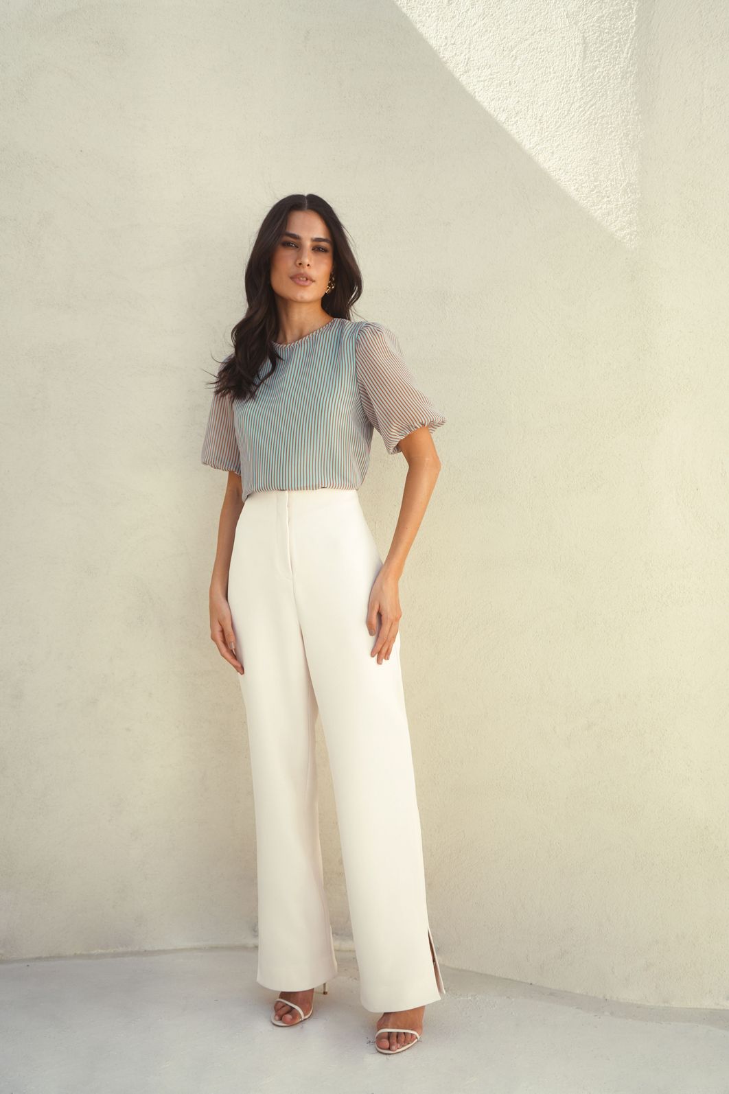 Blusa Listrada Manga Balonê Chiffon - Donna Ritz