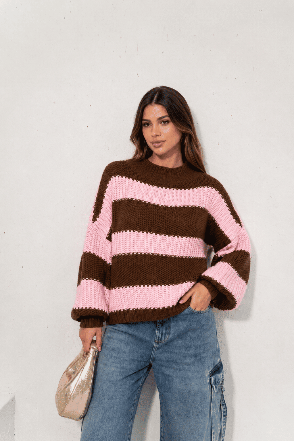 Blusa de Tricot Listrada Feminina Oversized