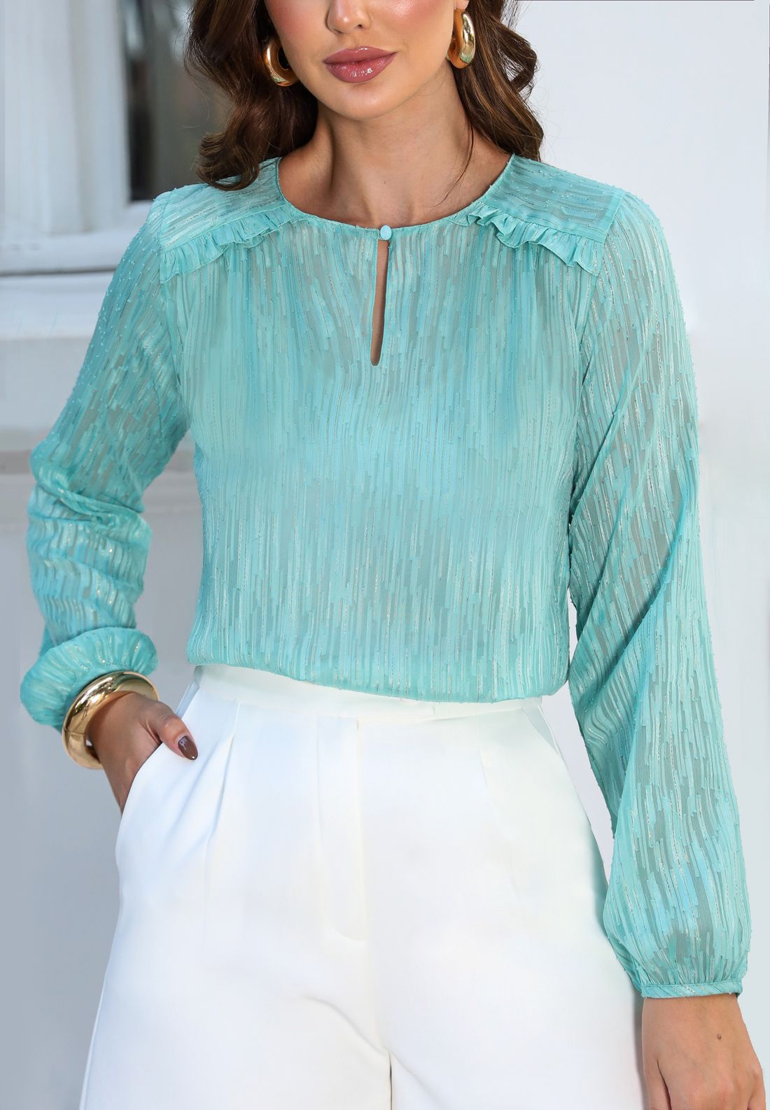 Blusa Manga Longa Chiffon Jacquard - Doce Flor