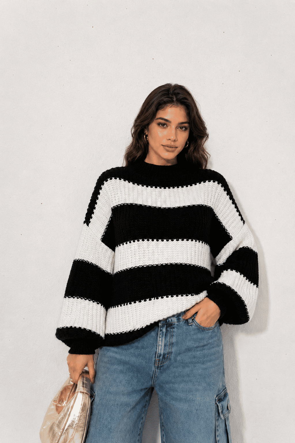 Blusa de Tricot Listrada Feminina Oversized