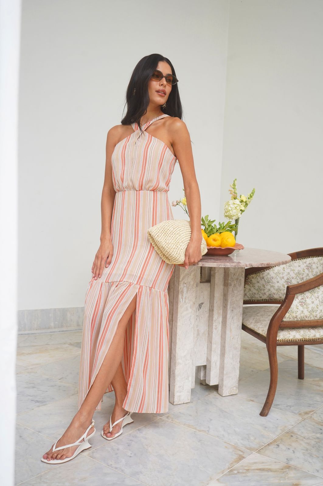 Vestido Longo Listrado Decote Cruzado - Donna Ritz