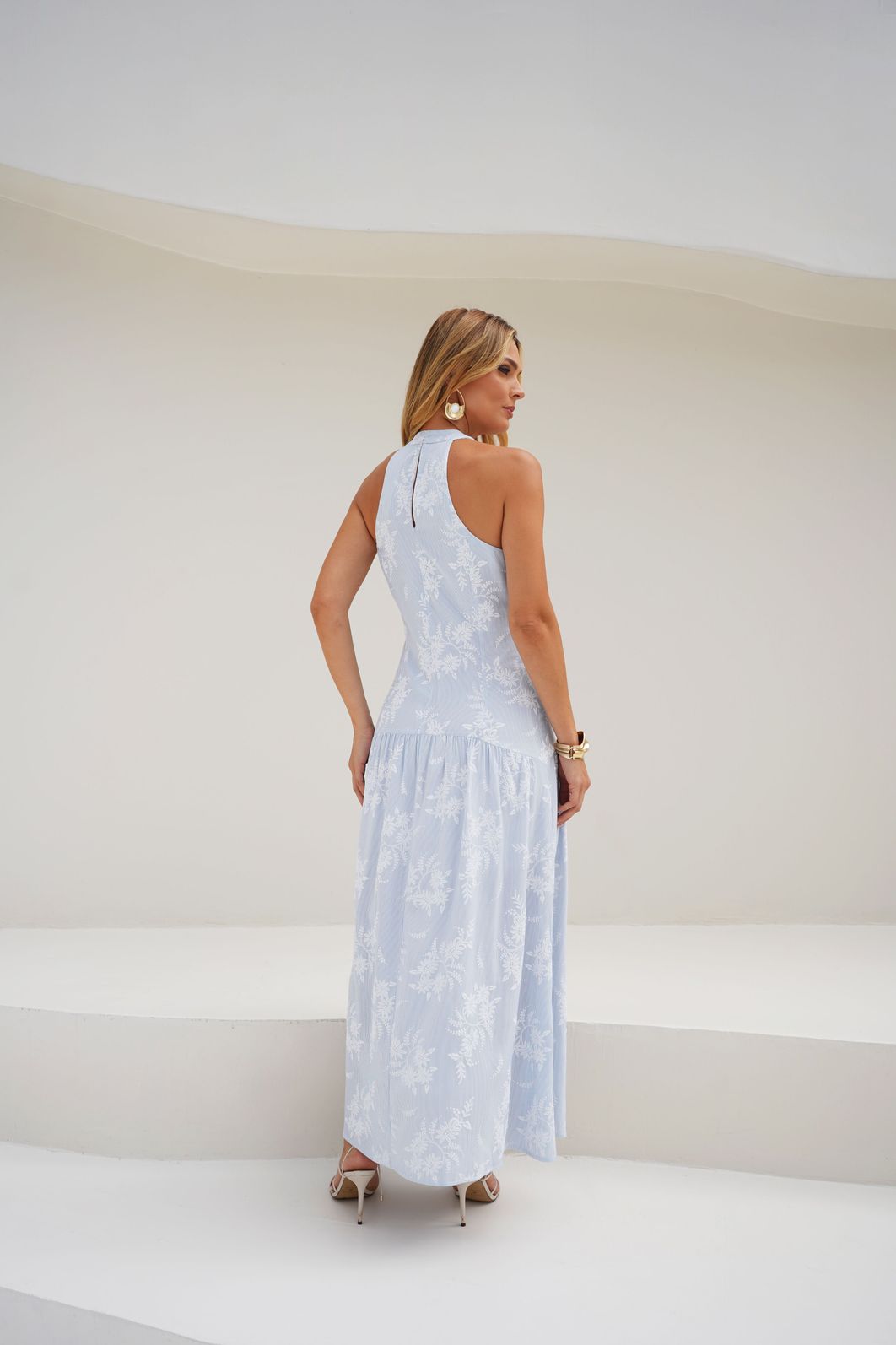 Vestido Longo Listrado Floral - Donna Ritz Vestido Longo Listrado Floral - Donna Ritz