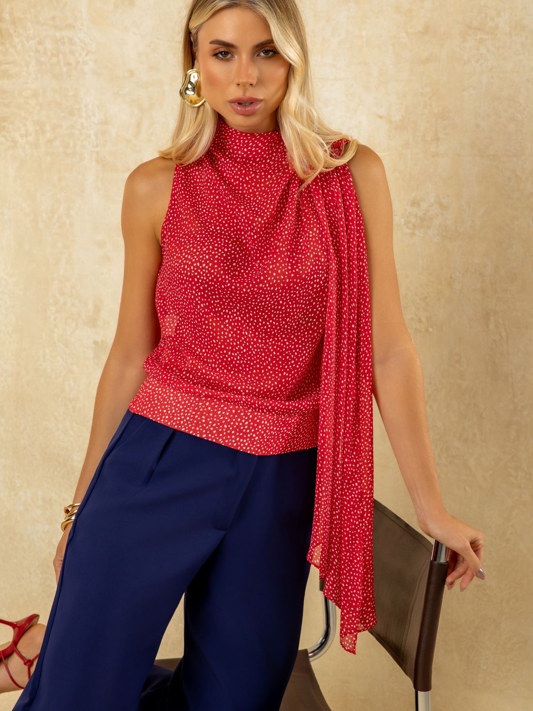 Regata Feminina em Chiffon Poá com Faixa Estilo Lenço- Doce Flor