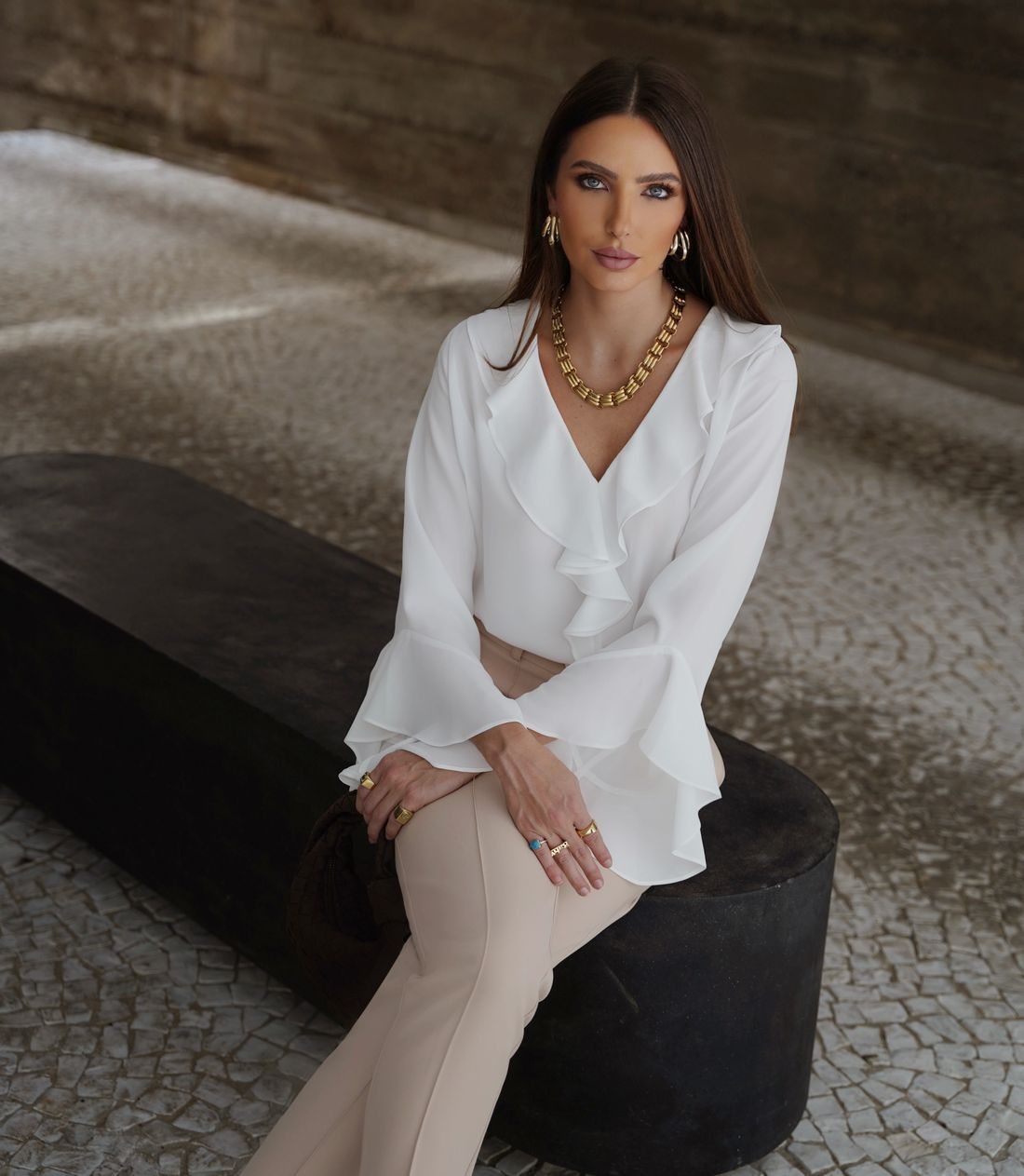 Blusa Crepe Manga Longa Com Jabots - Doce Flor