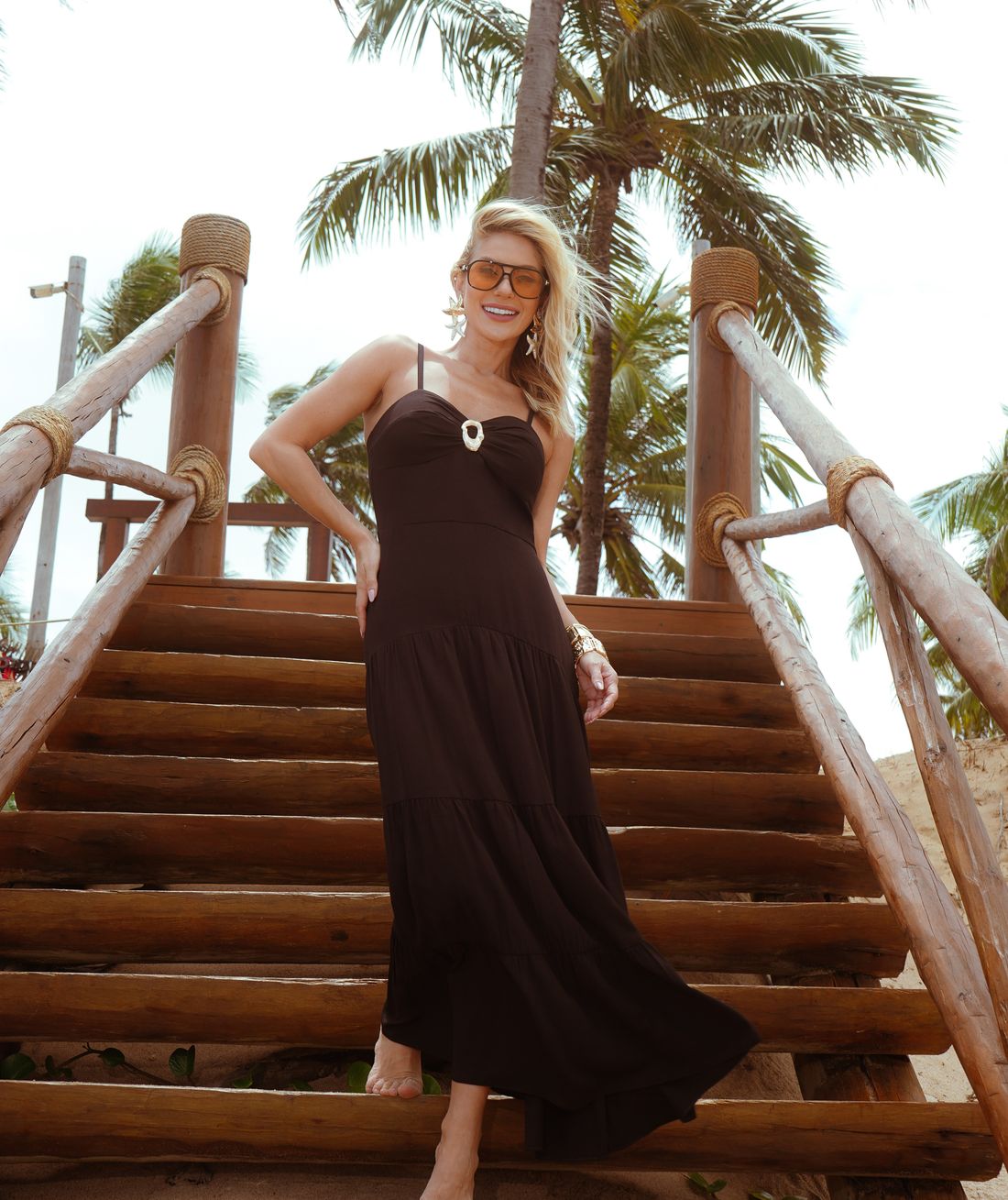 Vestido Longo Franzido Aviamento Orgânico - Donna Ritz Vestido Longo Franzido Aviamento Orgânico - Donna Ritz