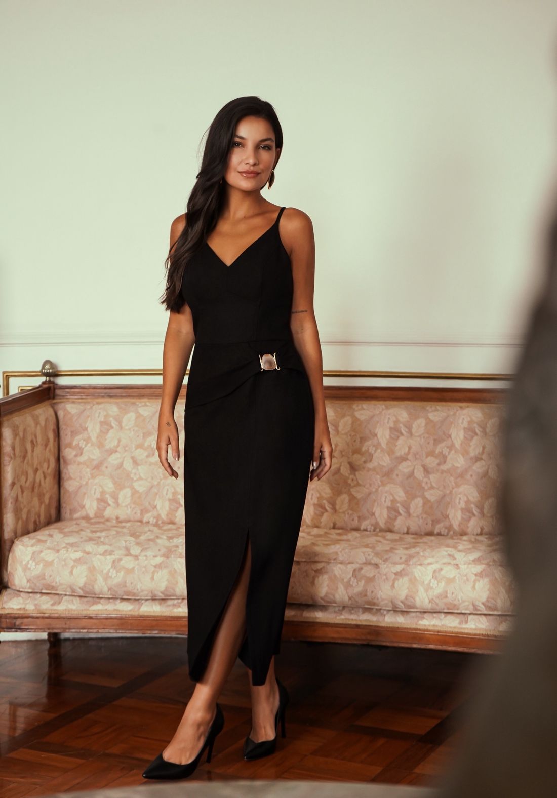 Vestido Midi Linho Aviamento Pedra - Donna Ritz Vestido Midi Linho Aviamento Pedra - Donna Ritz