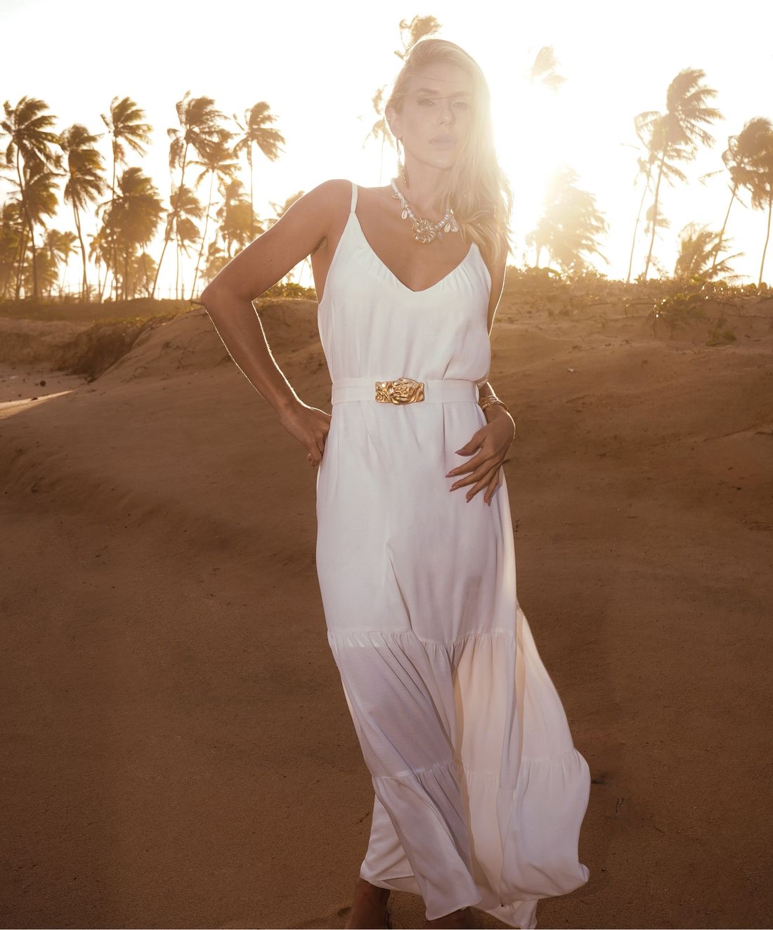 Vestido Longo Linen Cinto Aviamento - Donna Ritz Vestido Longo Linen Cinto Aviamento - Donna Ritz