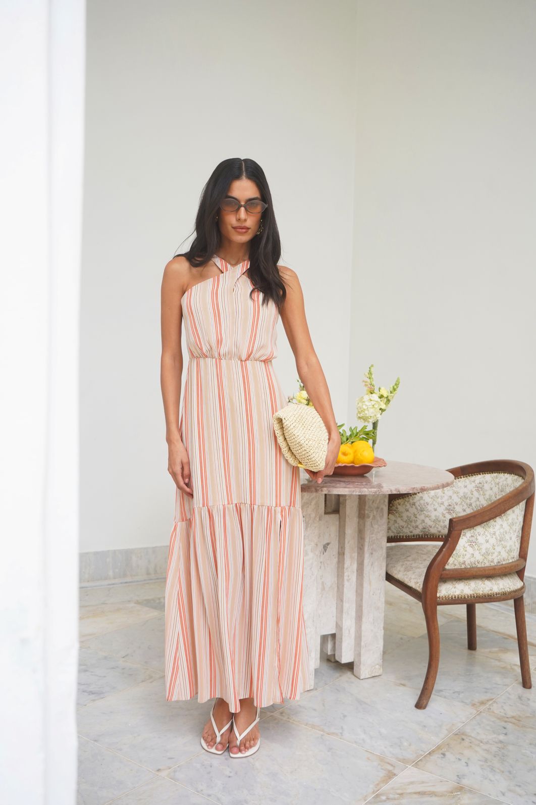 Vestido Longo Listrado Decote Cruzado - Donna Ritz