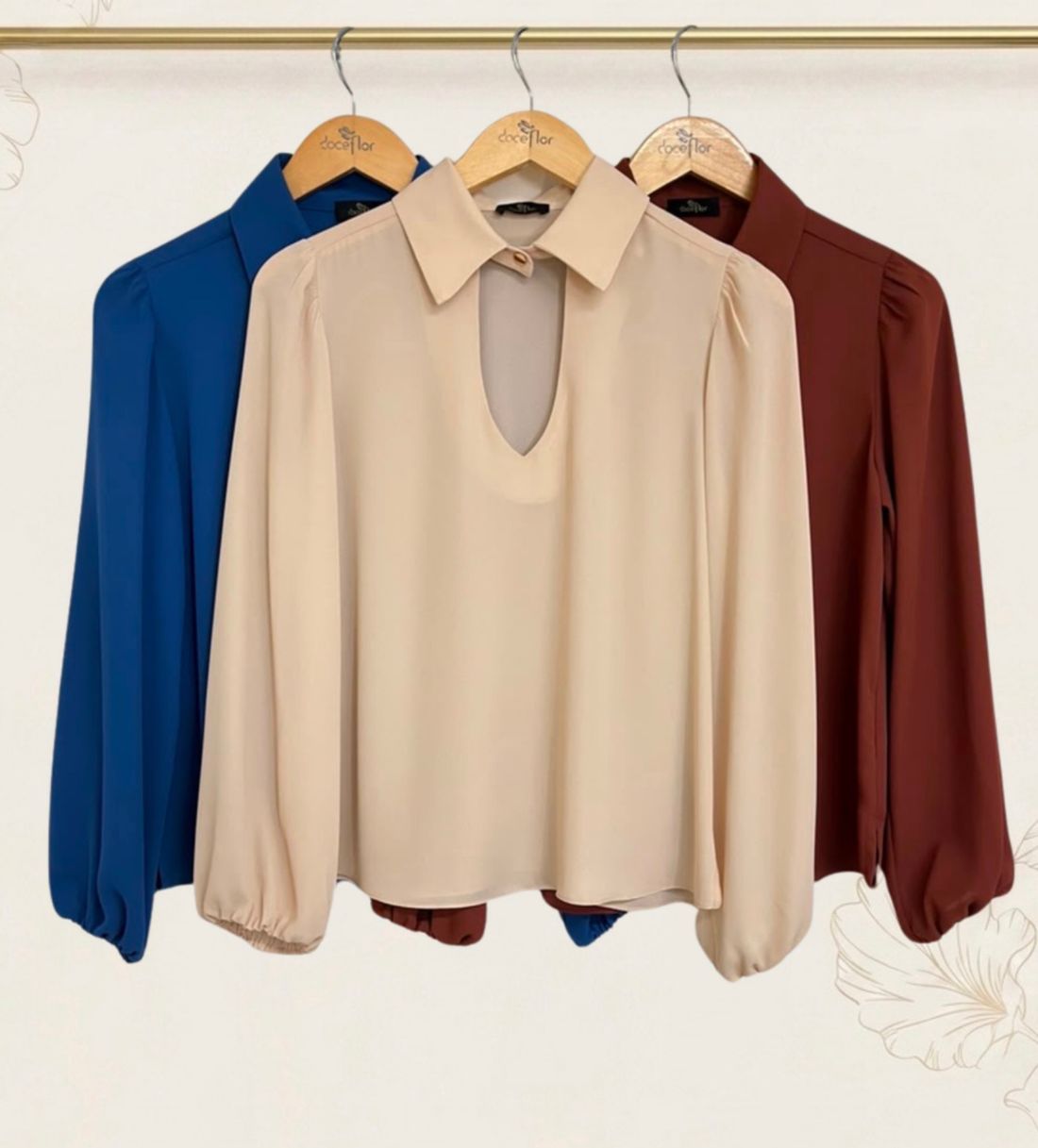 Blusa Crepe Manga Longa Gola Botão - Doce Flor