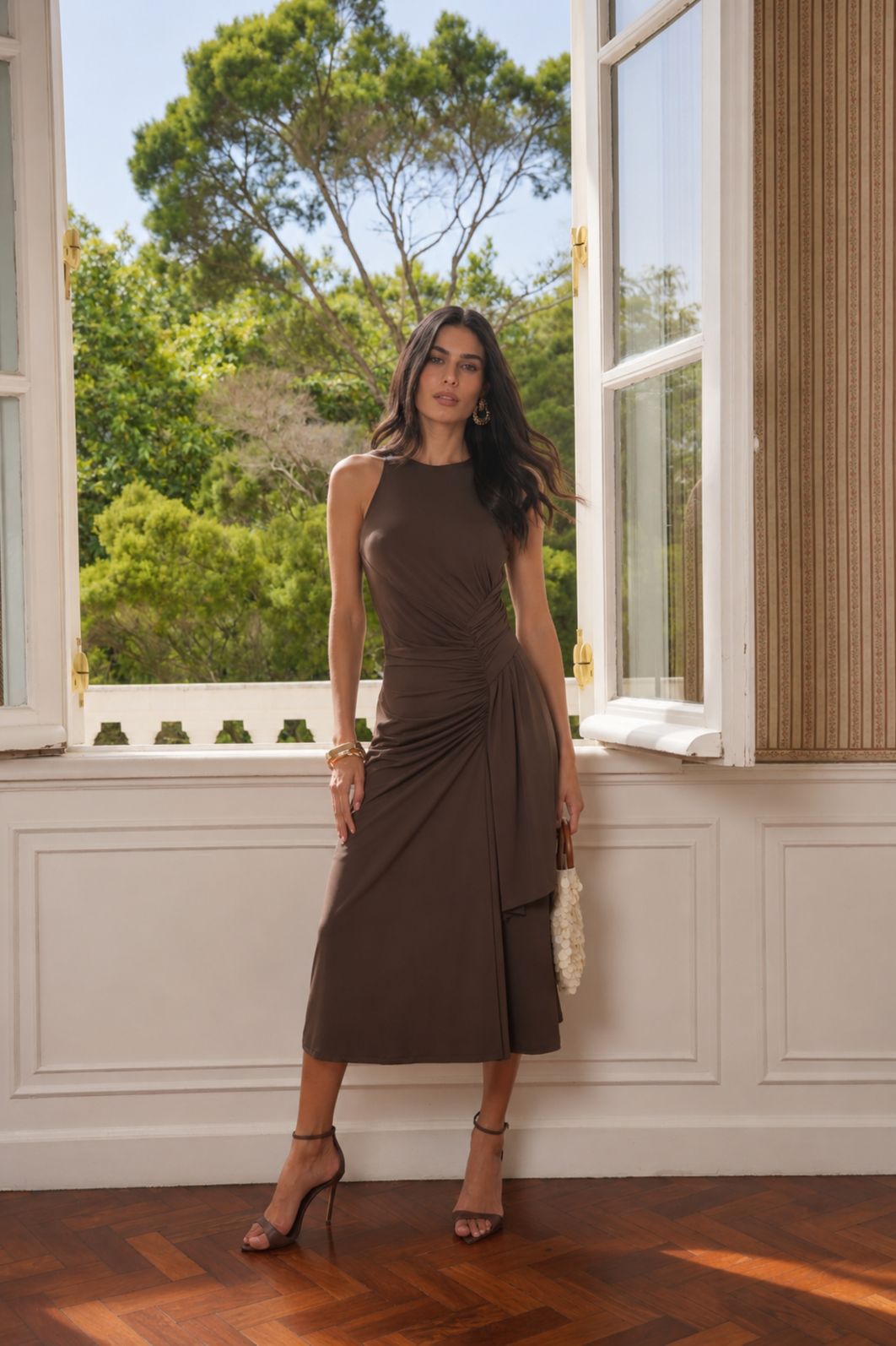 Vestido Midi Malha Fria Franzido - Donna Ritz Vestido Midi Malha Fria Franzido - Donna Ritz