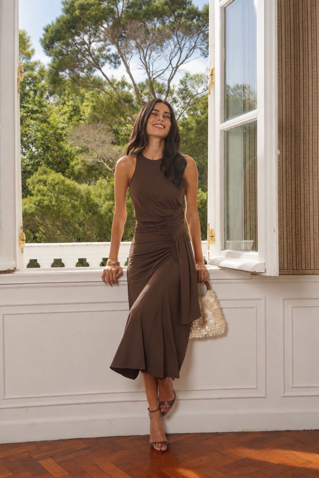 Vestido Midi Malha Fria Franzido - Donna Ritz Vestido Midi Malha Fria Franzido - Donna Ritz