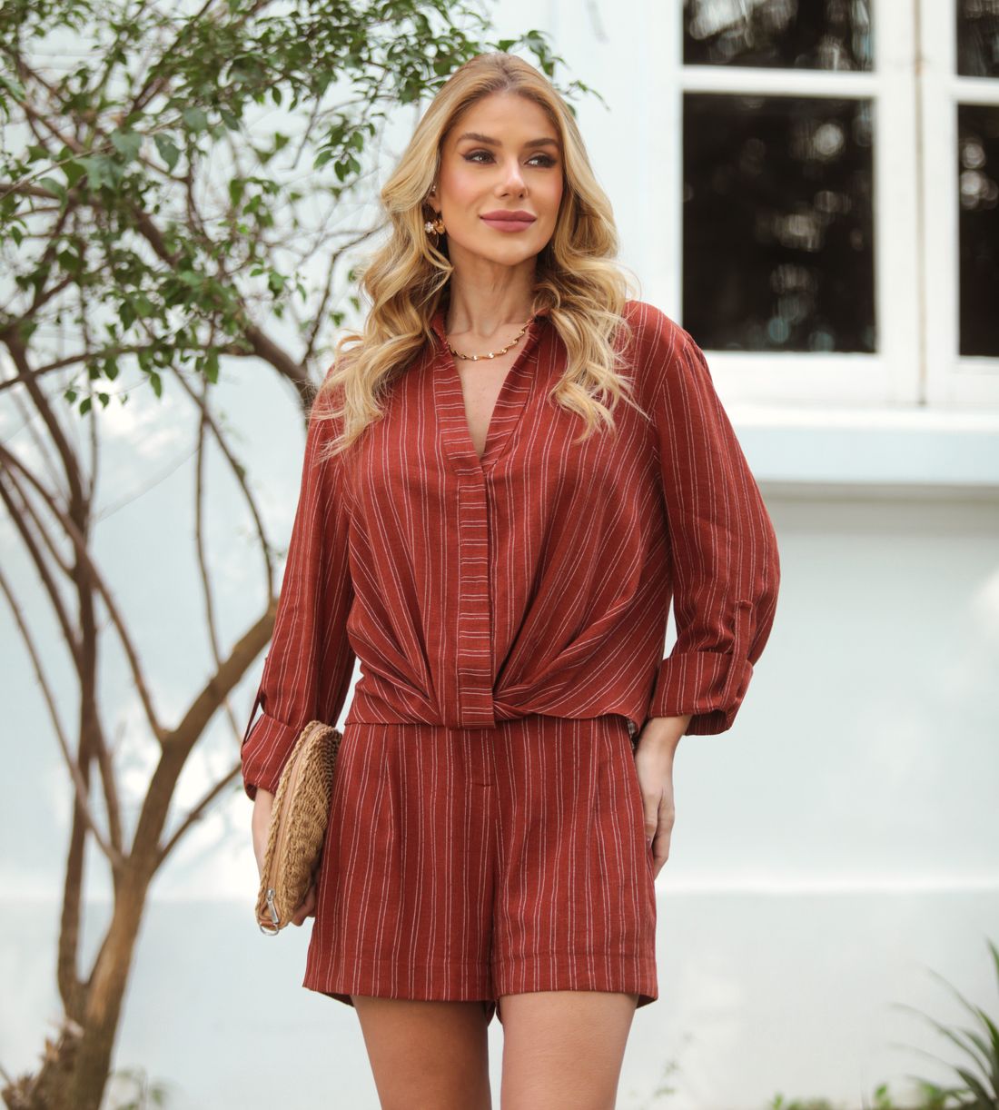 Camisa Linho Listrada Torcido - Donna Ritz