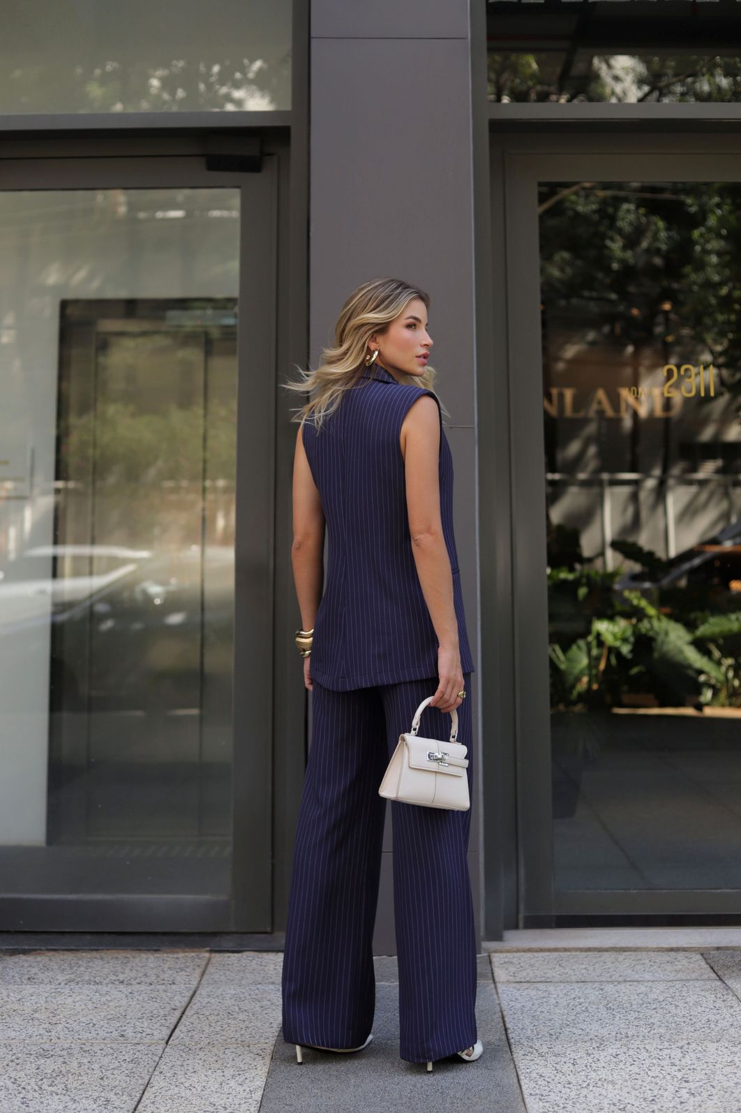 Calça Pantalona Risca De Giz Bolsos - Doce Flor