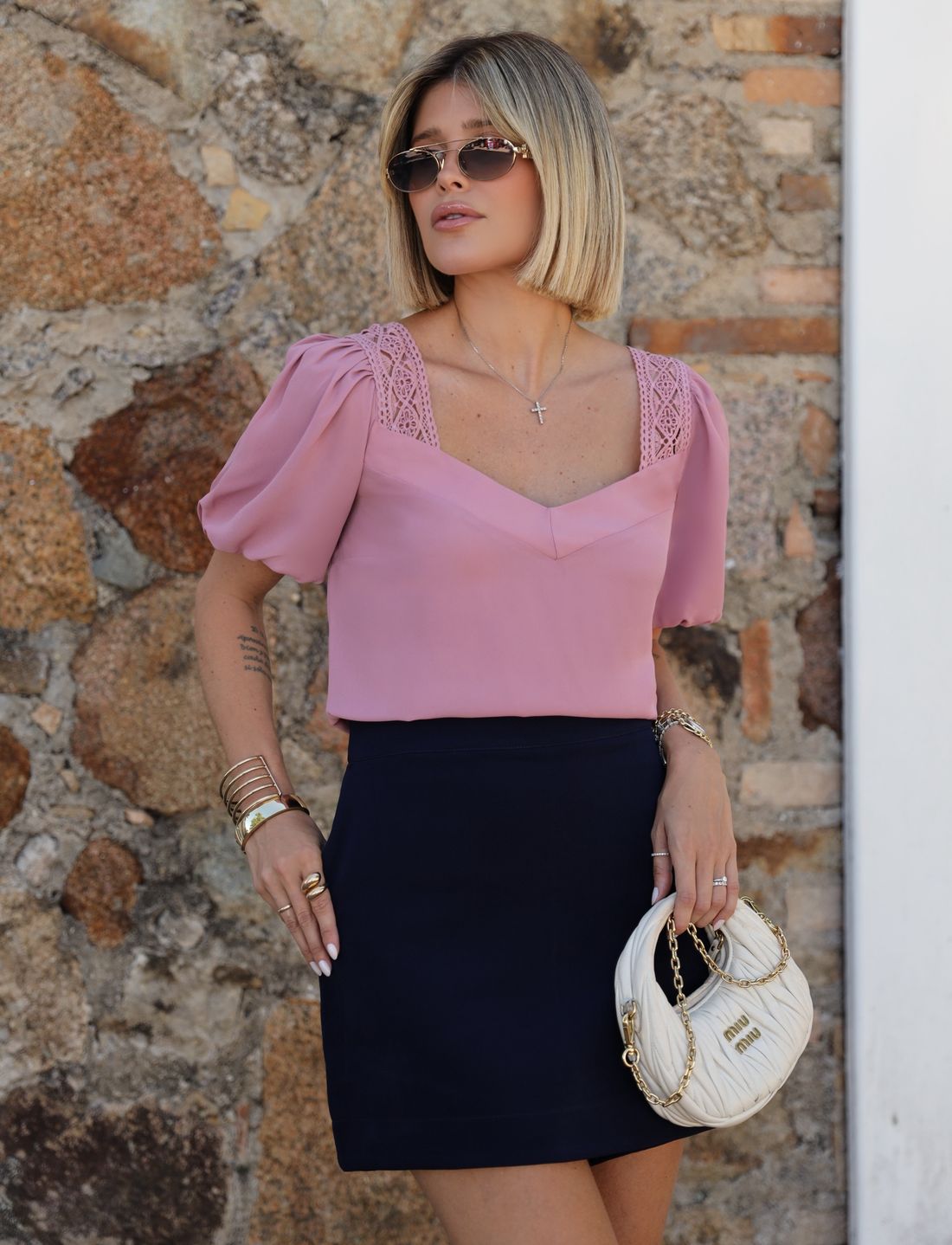 Blusa Crepe Em Renda Manga Lastex - Milalai Blusa Crepe Em Renda Manga Lastex - Milalai