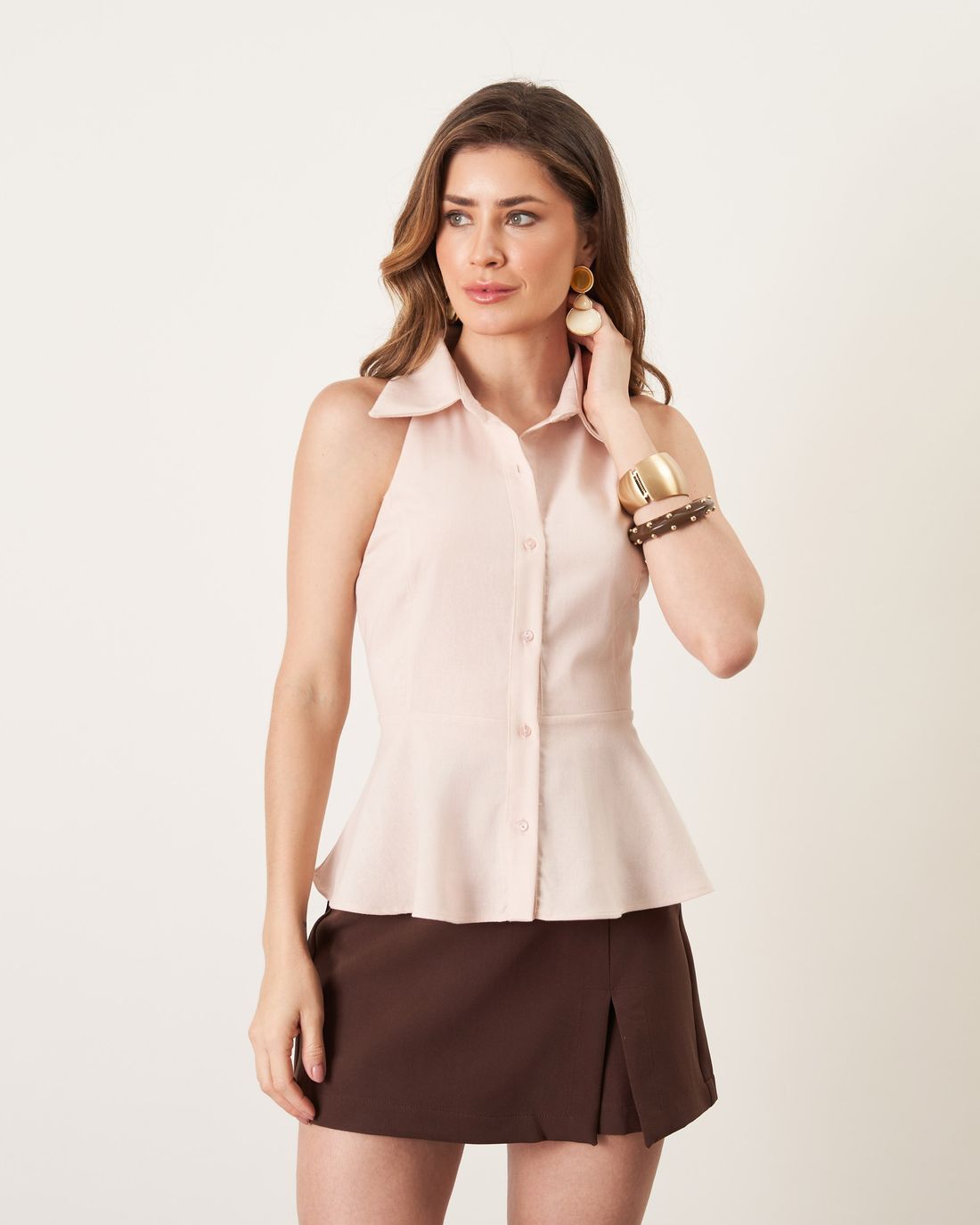 Regata Viscolinho Peplum Com Botão - Milalai Regata Viscolinho Peplum Com Botão - Milalai