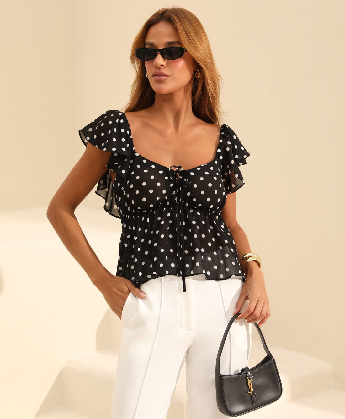 Blusa Crepe Poás Com Laço E Babados - Doce Flor Blusa Crepe Poás Com Laço E Babados - Doce Flor