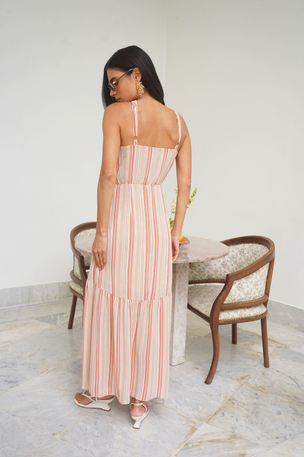 Vestido Longo Listrado Decote Cruzado - Donna Ritz