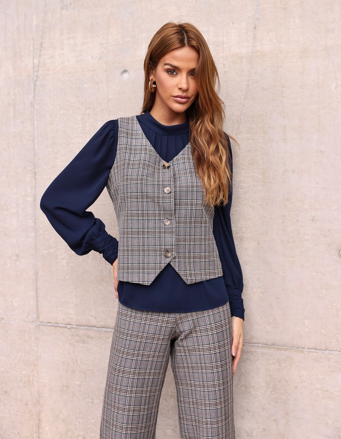 Colete Xadrez Decote V Alfaiataria - Doce Flor