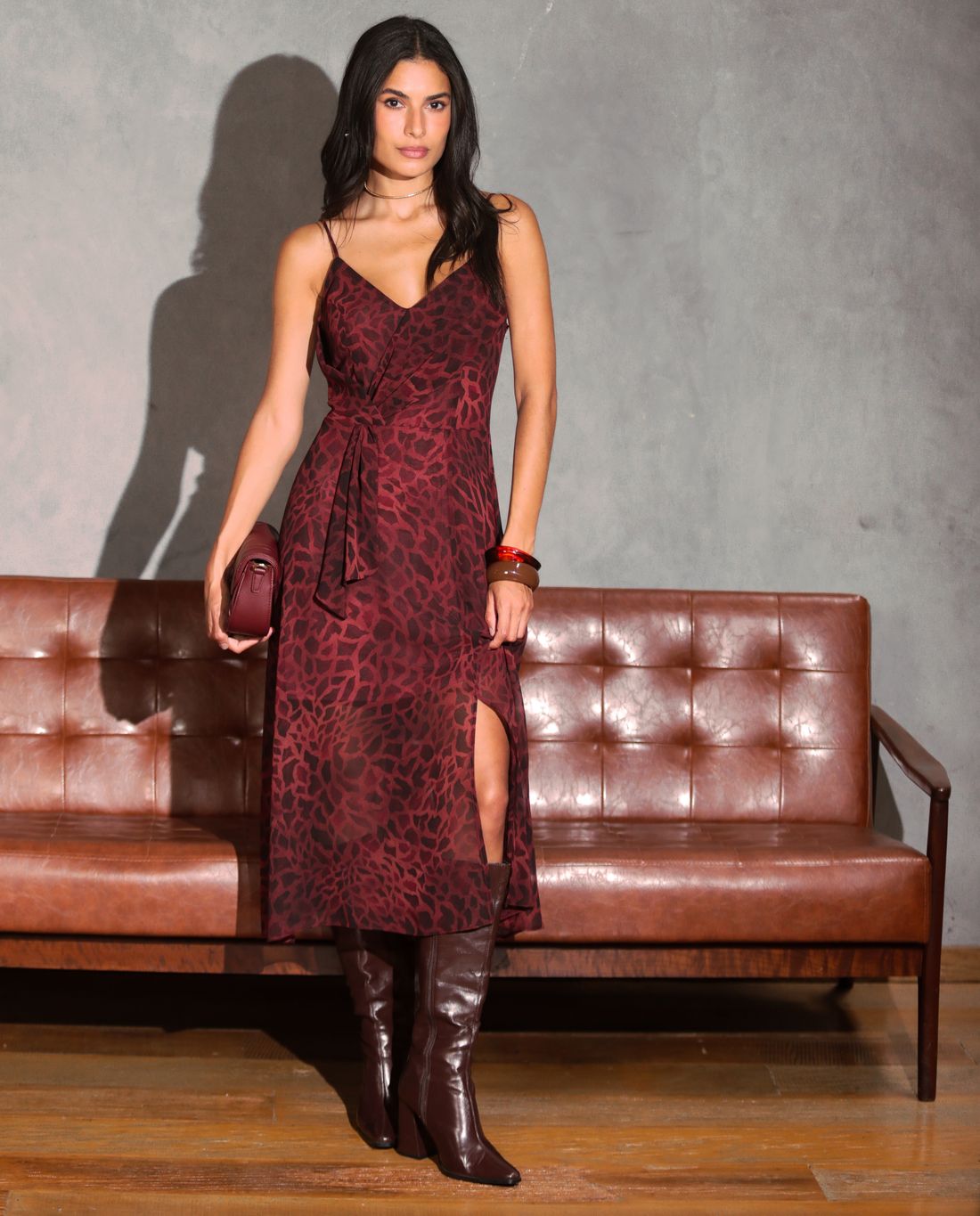 Vestido Midi Drapeado Chiffon Animal Print - Donna Ritz Vestido Midi Drapeado Chiffon Animal Print - Donna Ritz