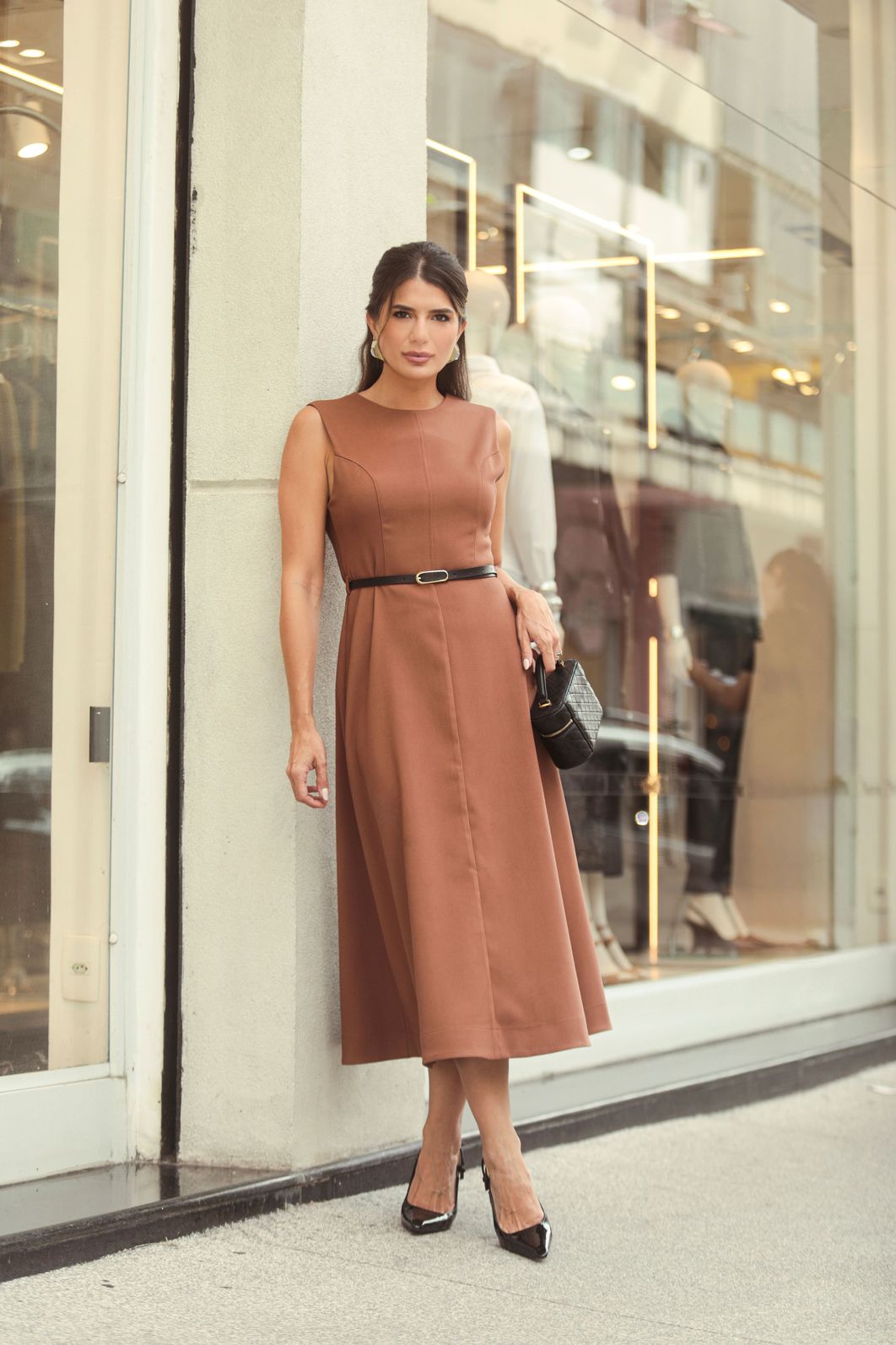 Vestido Midi Alfaiataria Twill Com Cinto - Doce Flor