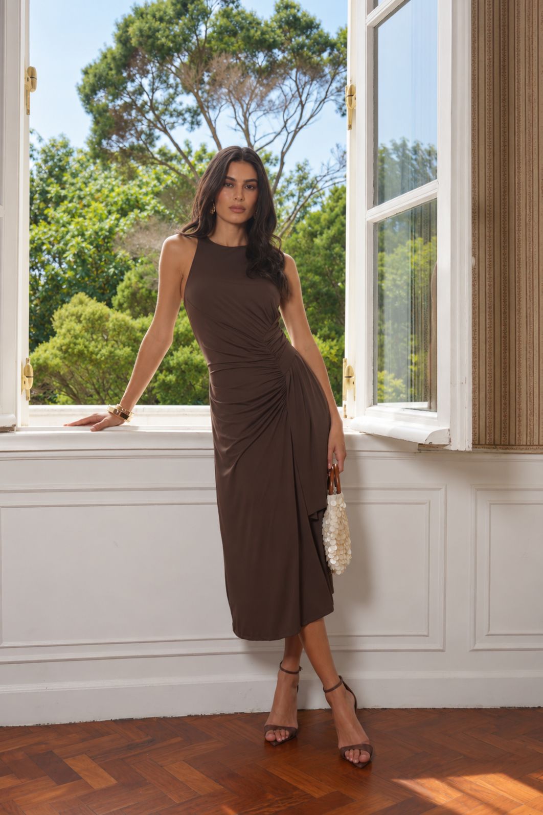 Vestido Midi Malha Fria Franzido - Donna Ritz Vestido Midi Malha Fria Franzido - Donna Ritz