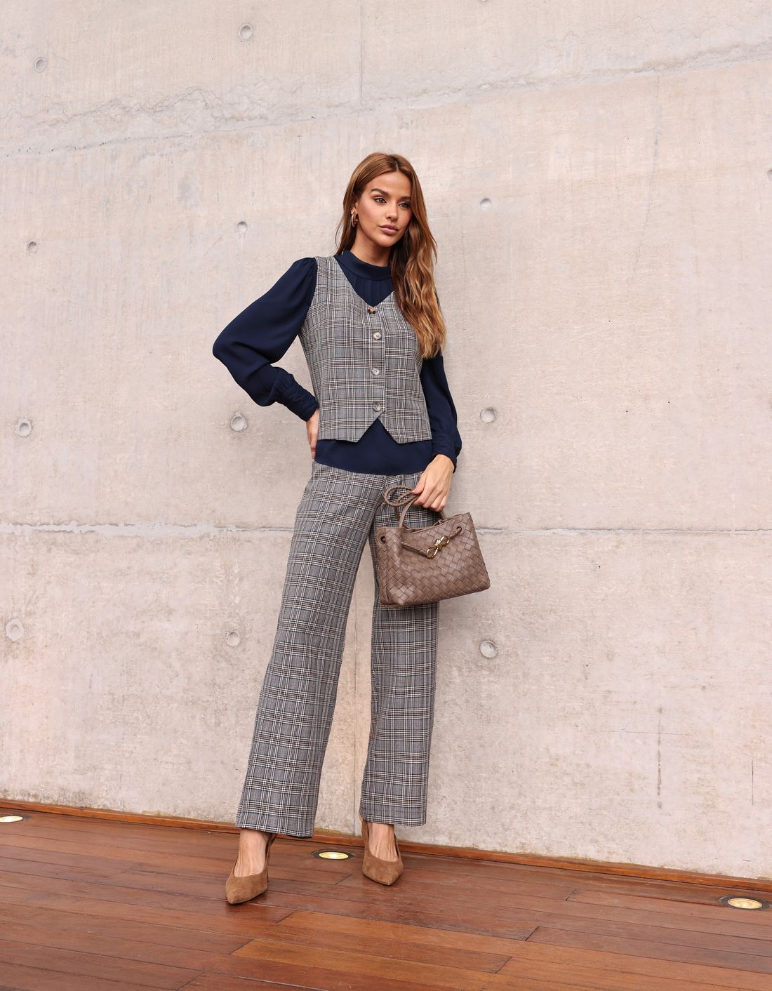 Colete Xadrez Decote V Alfaiataria - Doce Flor