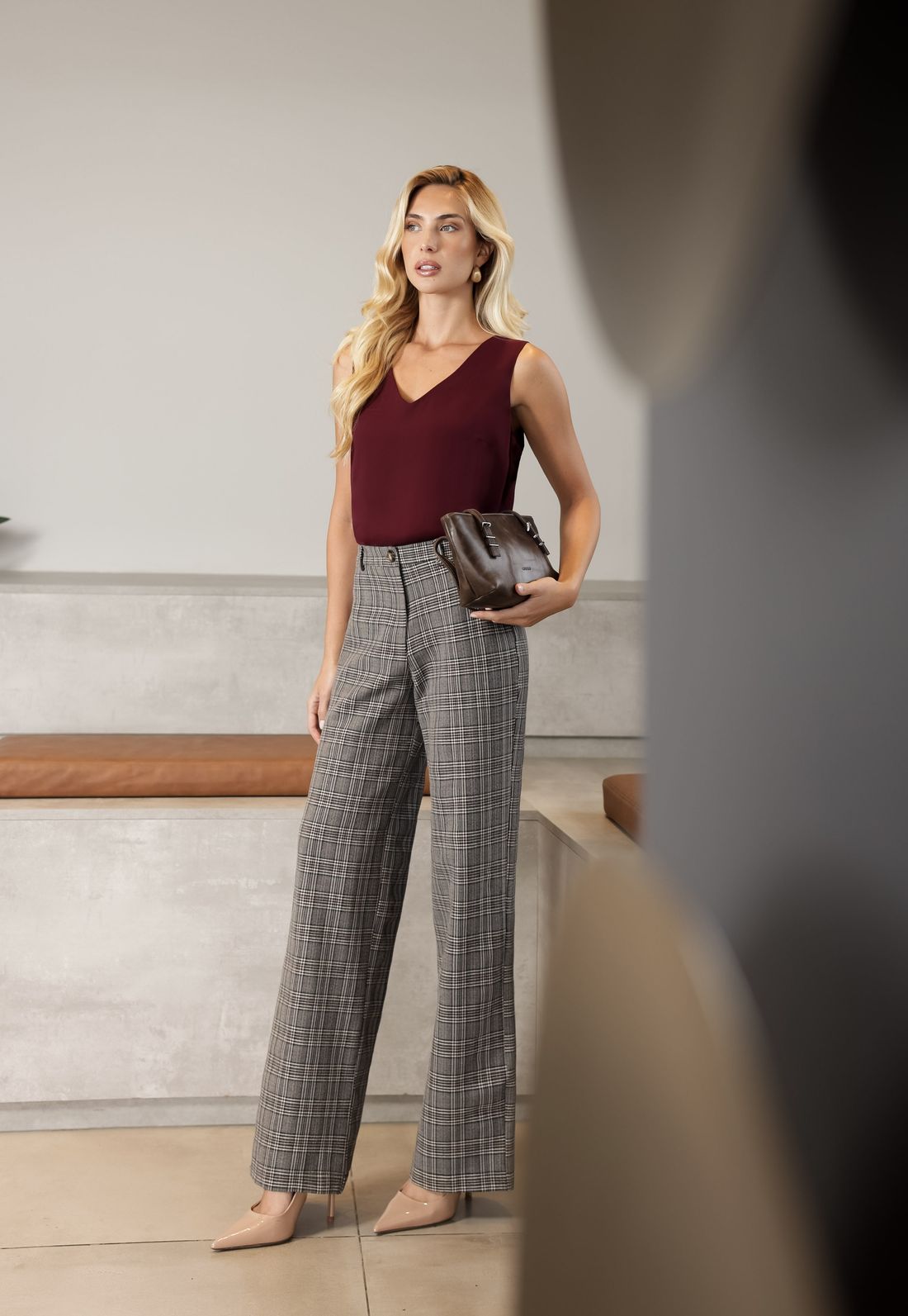 Calça Reta Xadrez Alfaiataria - Doce Flor