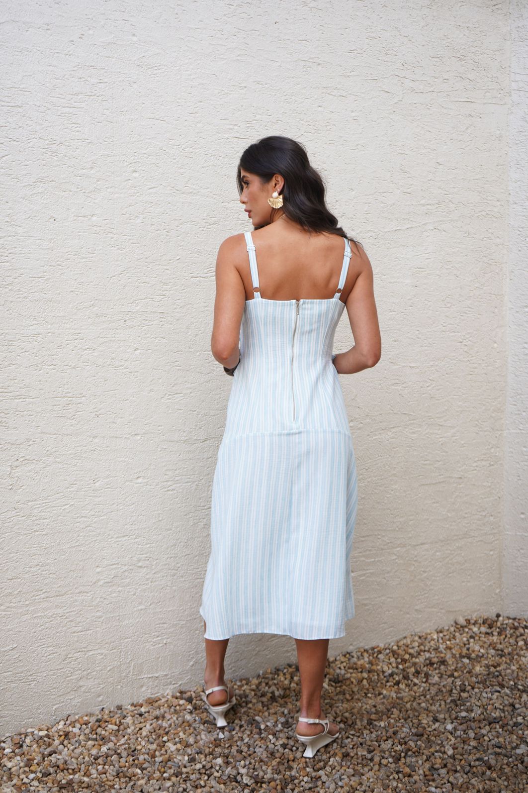 Vestido Midi Rolête Linen Listrado - Donna Ritz