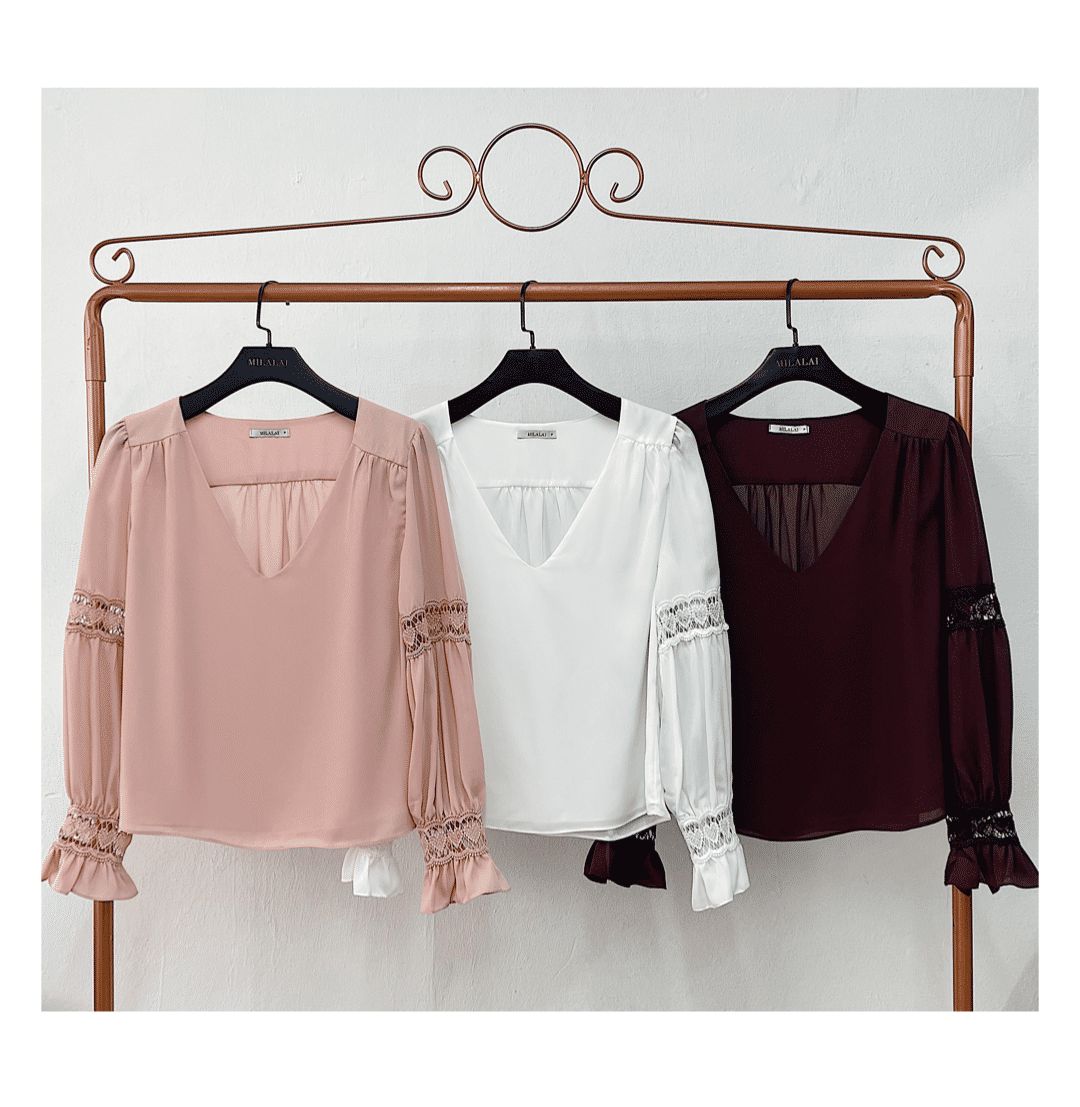 Blusa Crepe Decote V Manga Longa Renda - Milalai Blusa Crepe Decote V Manga Longa Renda - Milalai