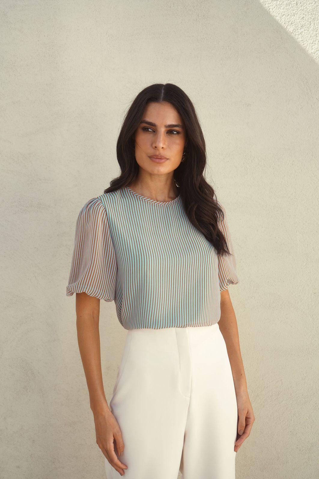 Blusa Listrada Manga Balonê Chiffon - Donna Ritz