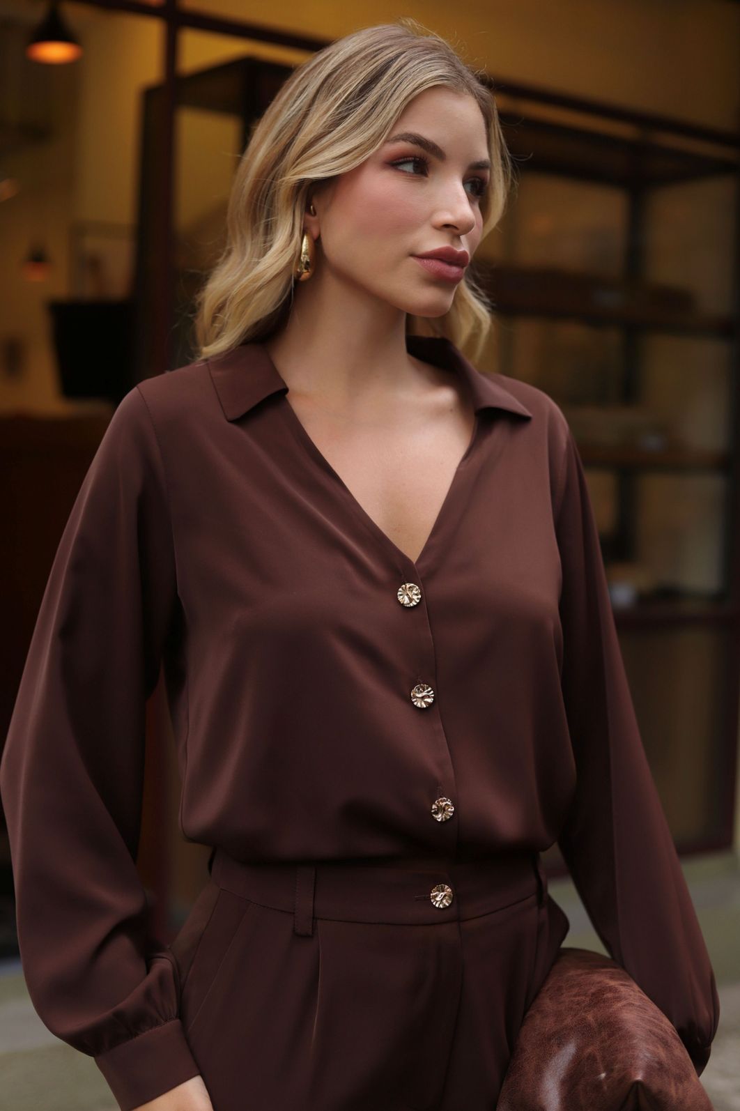 Blusa Manga Longa Decote V Botões - Doce Flor