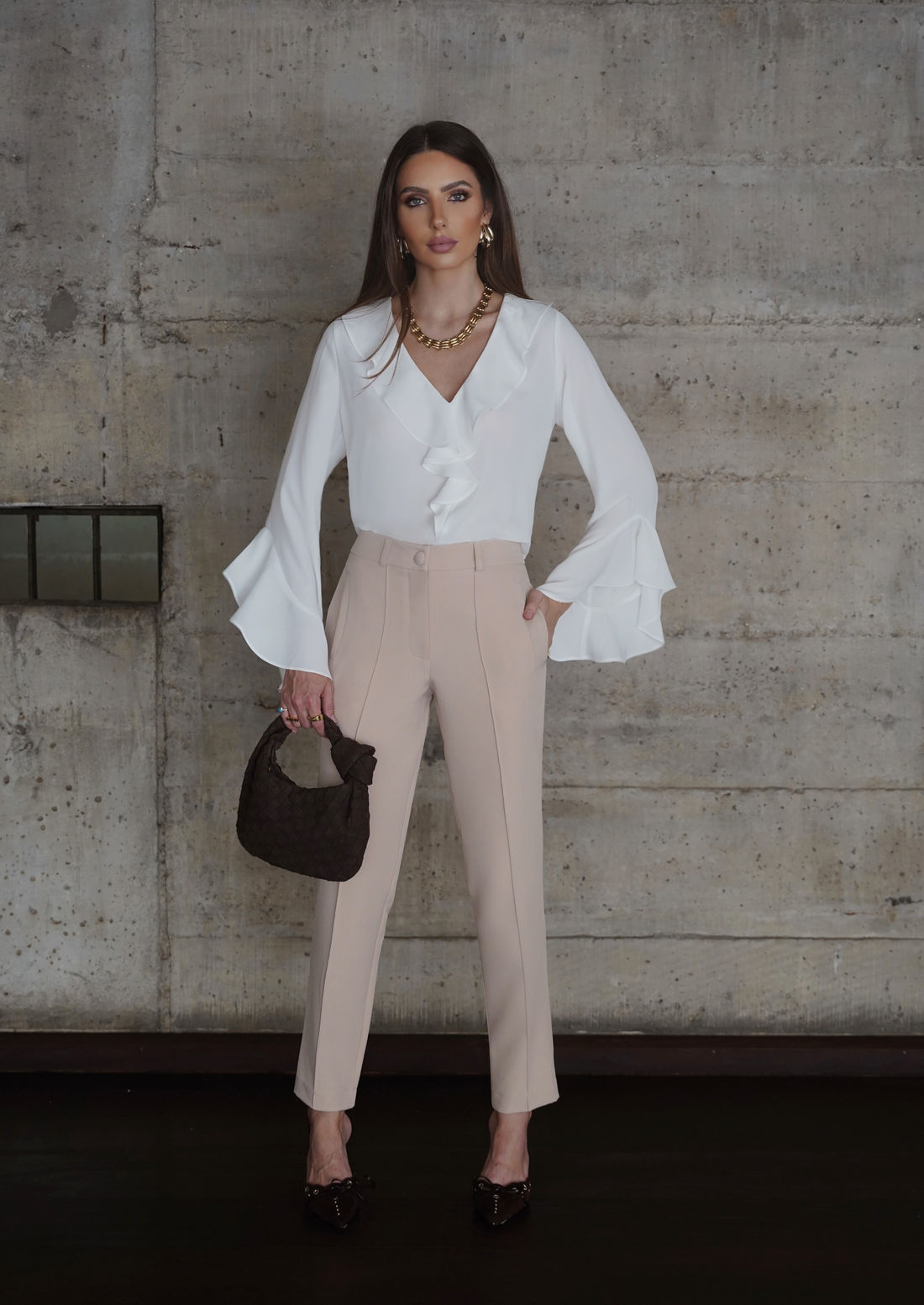 Blusa Crepe Manga Longa Com Jabots - Doce Flor