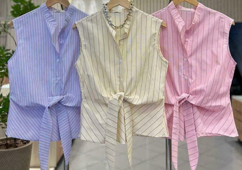 Camisa Listrada Gola Padre Com Amarração