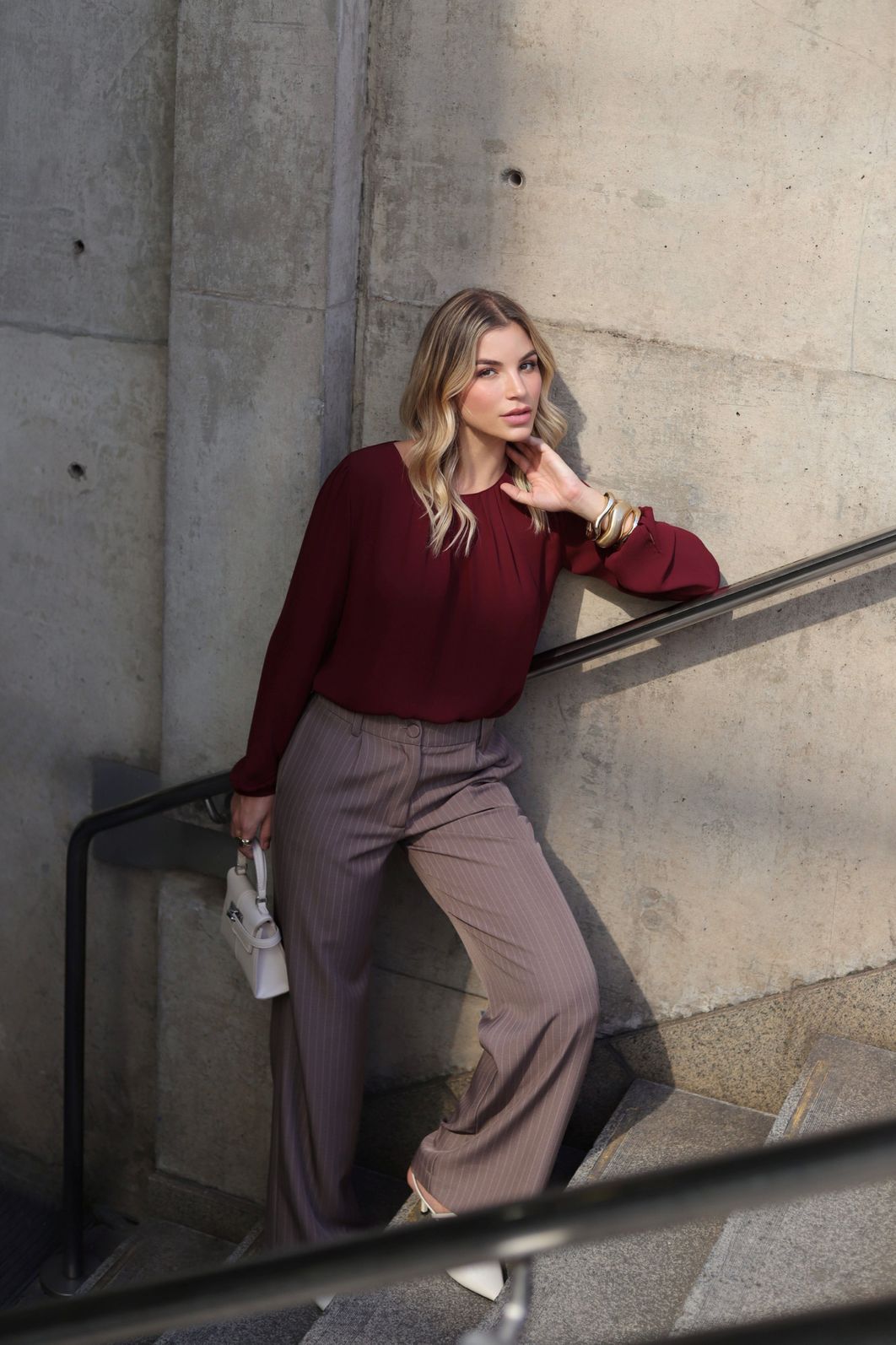 Calça Pantalona Risca De Giz Bolsos - Doce Flor