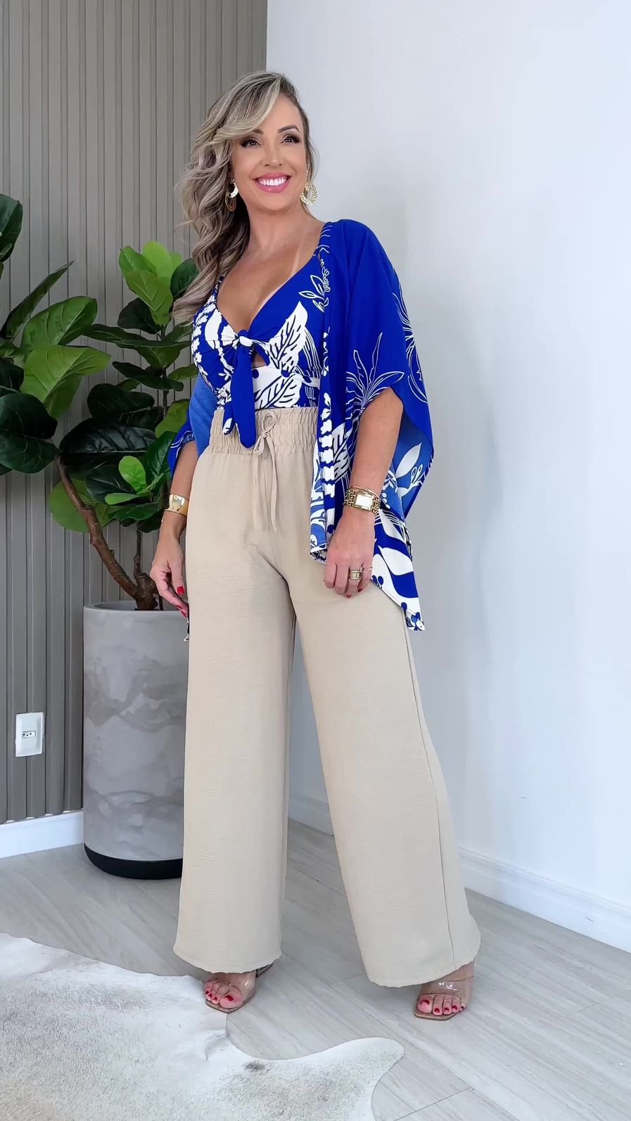 Conjunto Completo Kimono + Calça Pantalona + Top Listras Blue, 3 PEÇAS