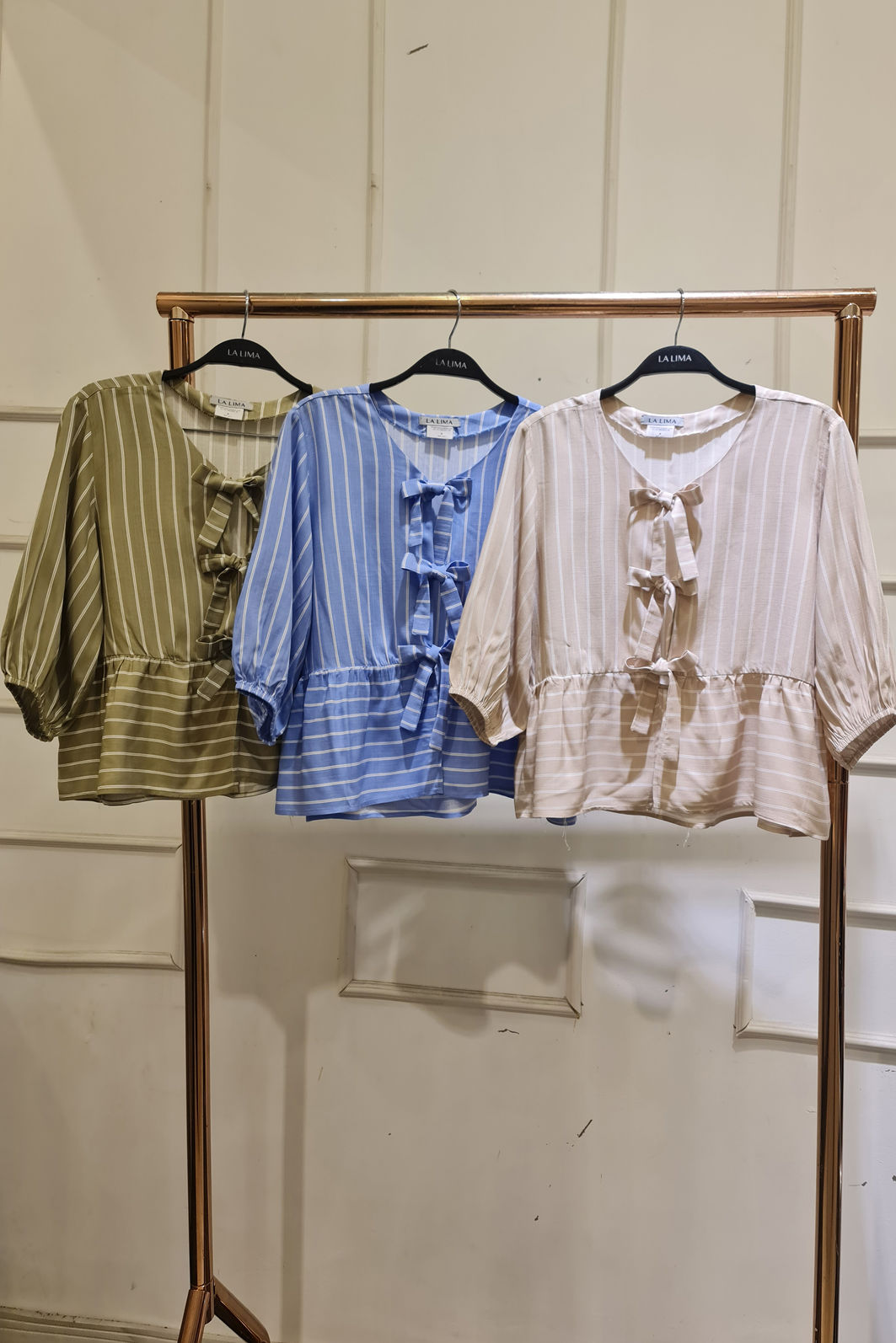 Bata Laços Grossos Listrada Viscolinho 3 Cores Bata Laços Grossos Listrada Viscolinho 3 Cores