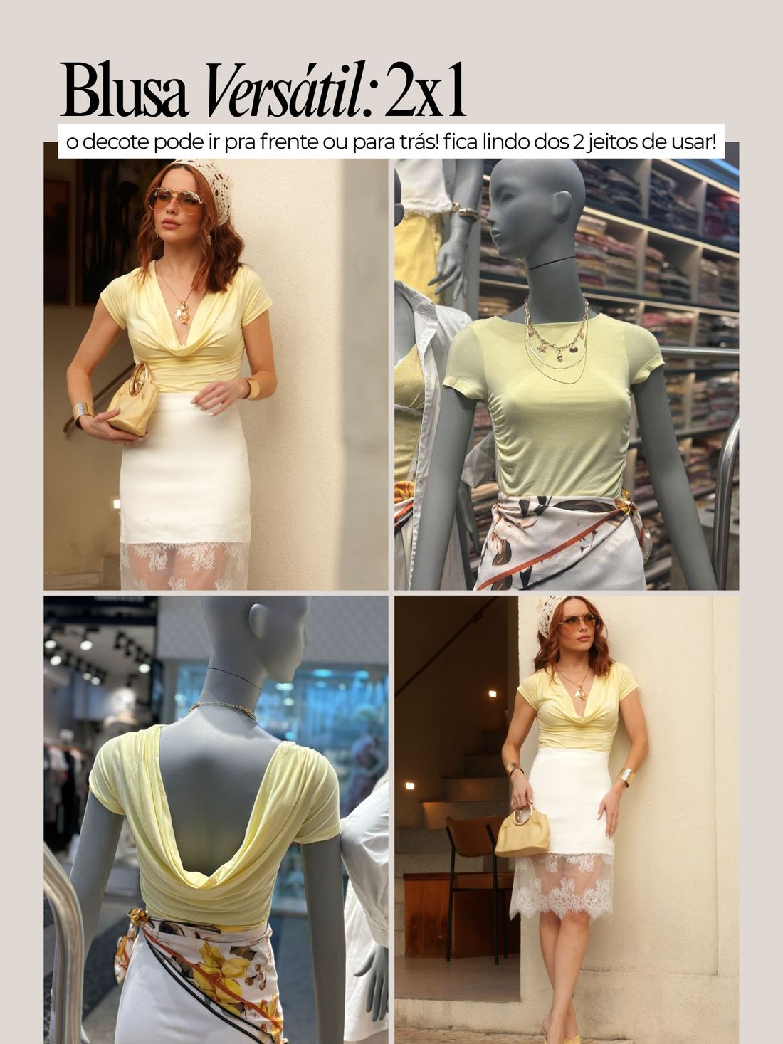 Blusa Manga com Decote Caído nas Costas 4 Cores Blusa Manga com Decote Caído nas Costas 4 Cores